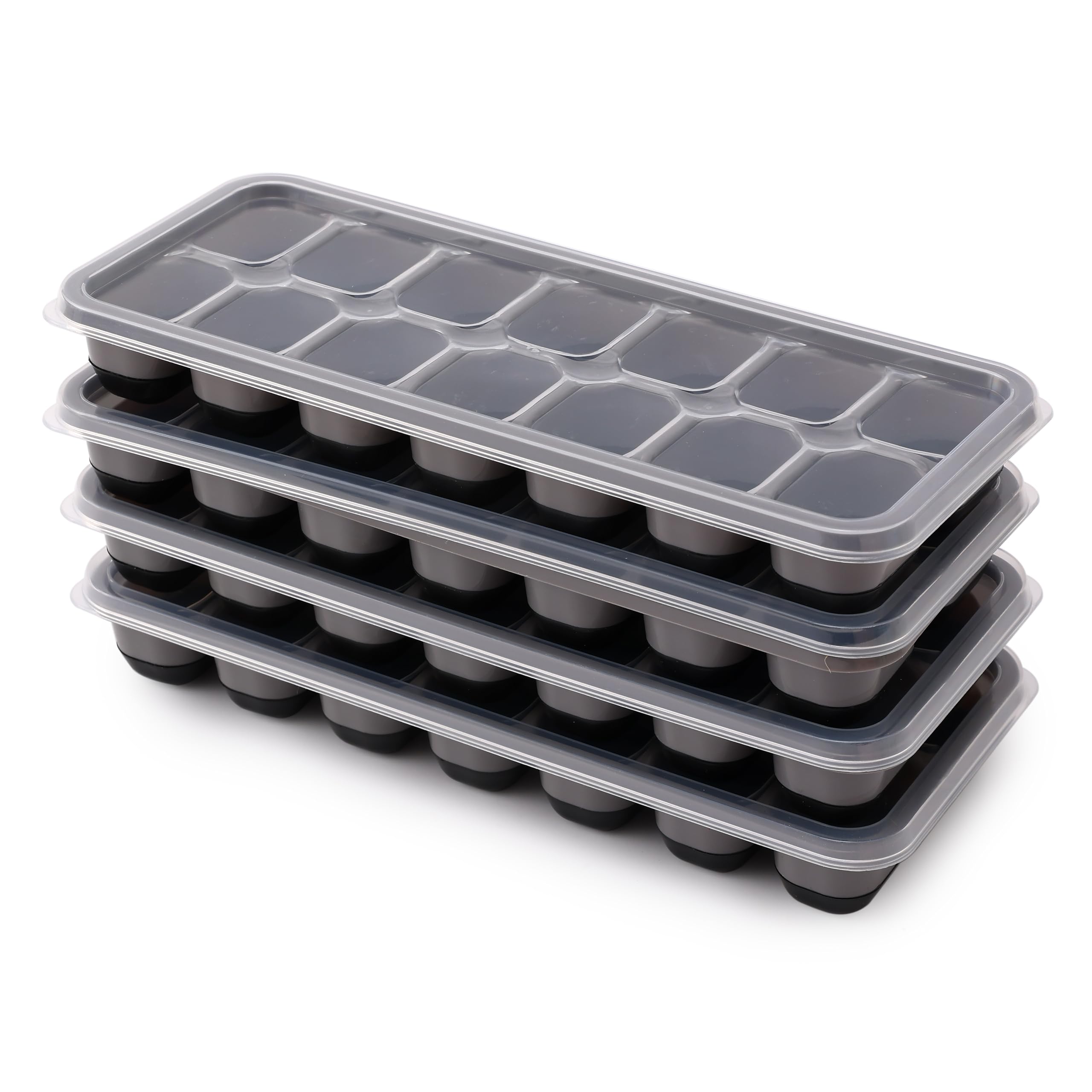 4 Pack Silikon Eiswürfelform mit Deckel, Eiswürfelbehälter Stapelbar, Sichere Gesunde Eiswürfel Form für Babybrei Cocktail Whiskey Kaffee (4 Schwarz)