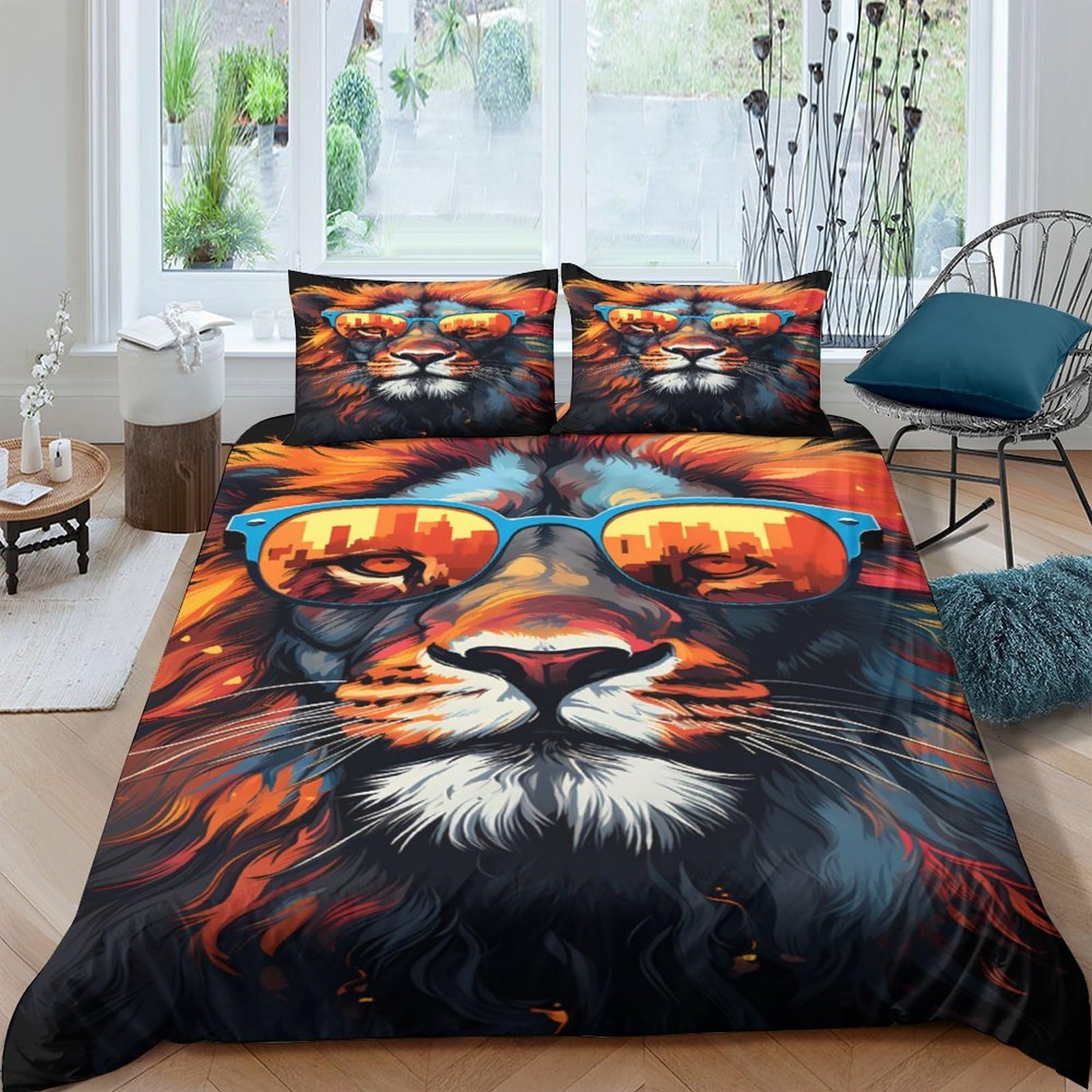 3D Printed Cool Lion Duvet Cover Microfiber Soft Breathable Sunglasses Bedding Set with 2 Pillowcases for Bedroom Decor Single（135x200cm）
