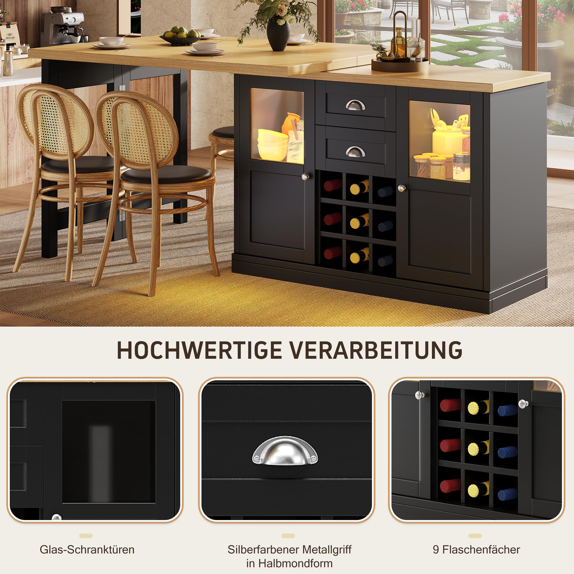 Merax Mesa de bar extensible con espacio de almacenamiento, mesa alta giratoria de 360°, isla de cocina independiente, diseño plegable, con iluminación LED de 3 colores, vinoteca y cajones, negro/120