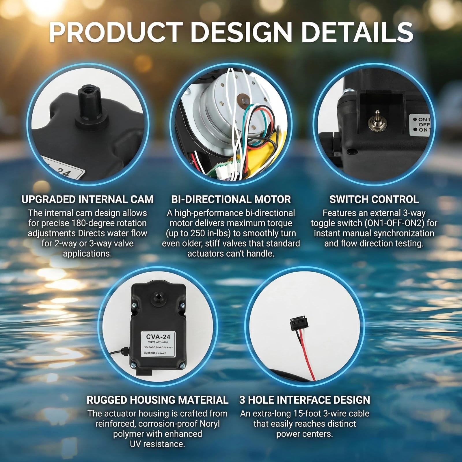 CVA-24T Actuador de válvula de piscina – Repuesto para Pentair 263045 24VAC desviador automático para combinaciones de piscina/spa – Cable de 15 pies, motor de válvula de 3 puertos, compatible