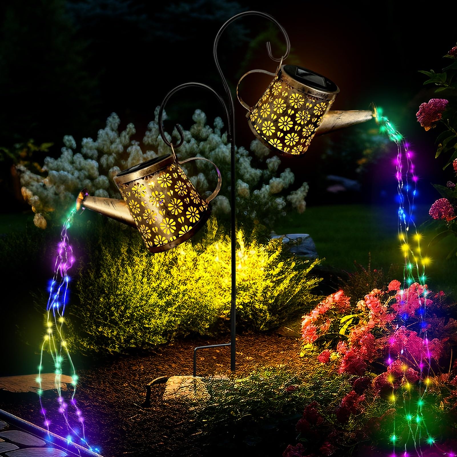 KERNOWOSolar Watering Can Light, 2 Pack Updated Garden Ornaments Outdoor Decorations Solar Lights IP65 Waterproof Metal Pathway Lighting with String Lights & Shepherd Hook (Plum Blossom)