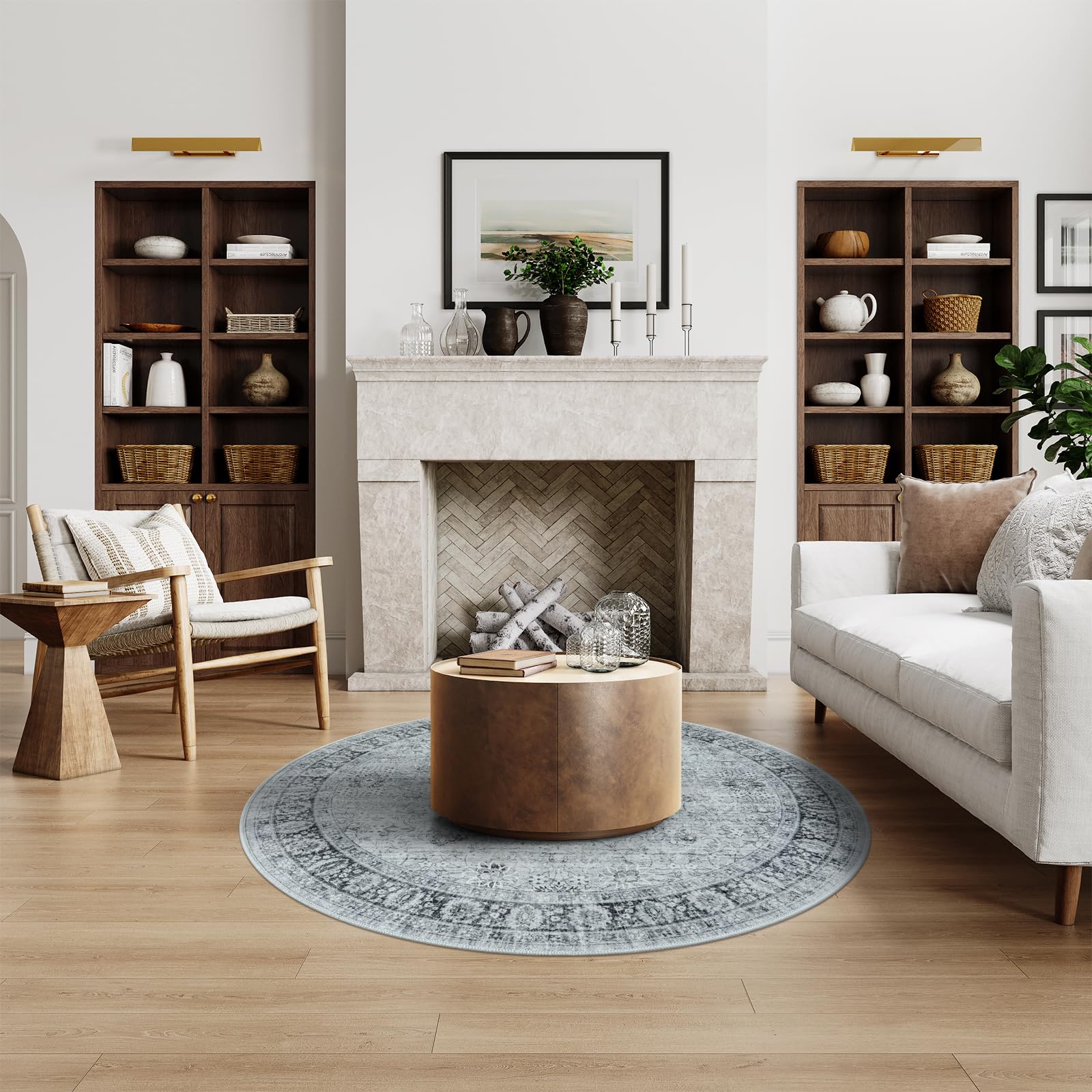Lahome Vintage Washable Round Rug 5ft,Grey 5x5 Circle Carpet for Bedroom Entryway,Transitional Ultra Thin Living Room Rug Non-Slip,Low Pile Area Rug for Kids Indoor Floor Mats Use Decor