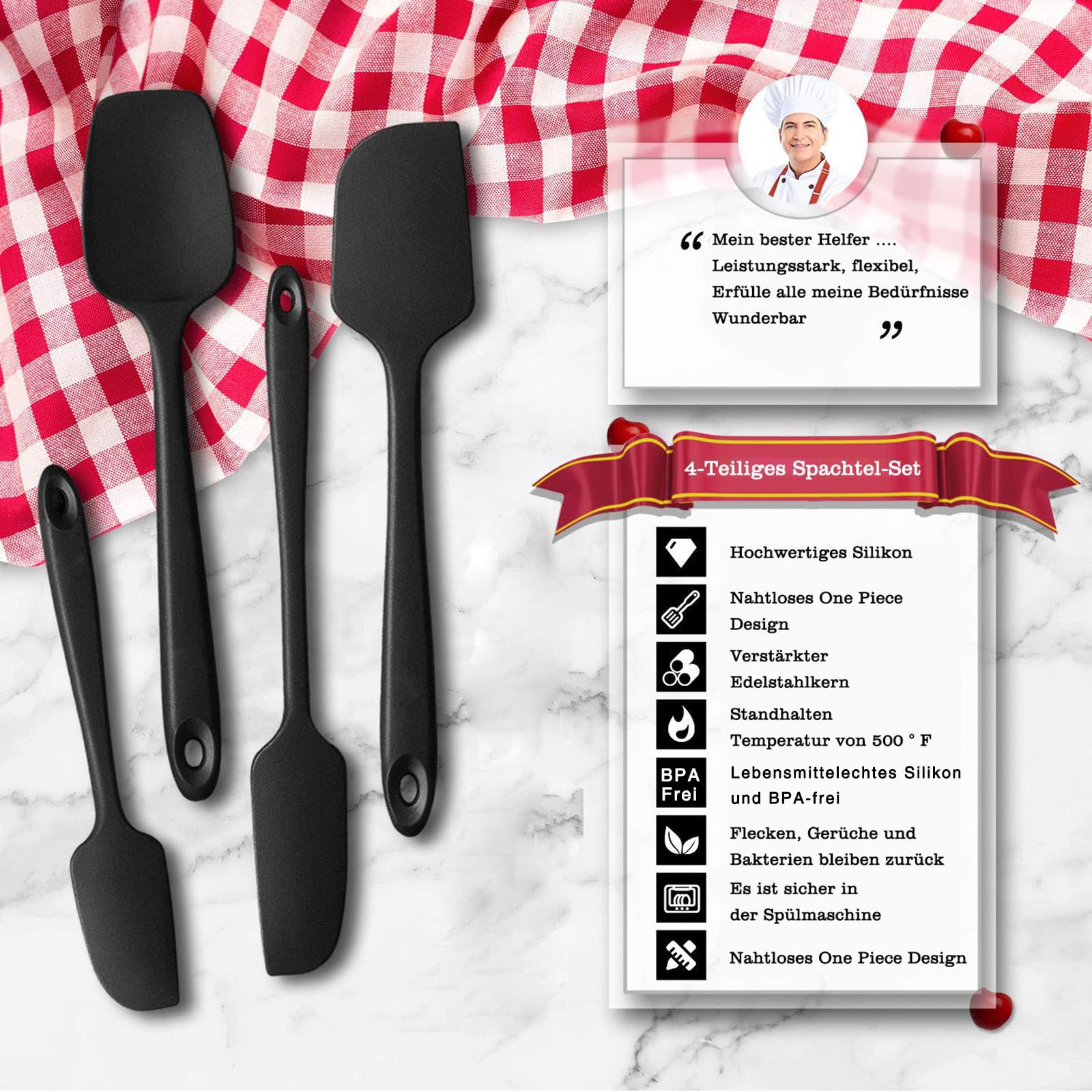 NoChoX 4 Pezzi Spatole in Silicone, Resistente al Calore 500 °F, Spatola da Cucina Utensili con Anima in Acciaio, Senza BPA, Antiaderente, Spatula Silicone per Mescolare, Cuocere e Cucinare, Nero