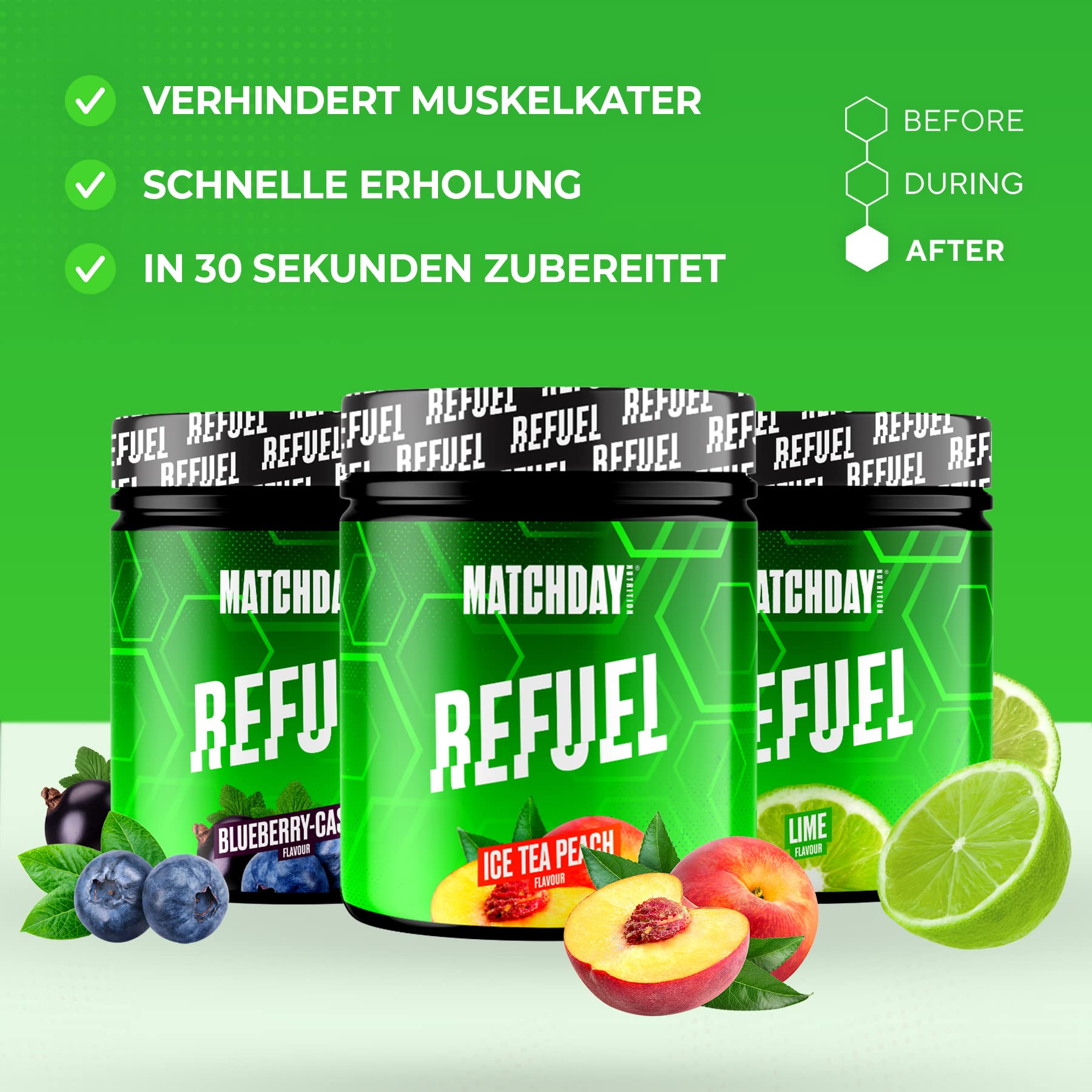 Matchday Nutrition Refuel I Bessere Regeneration speziell für Fußballer I Kohlenhydrate, Aminosäuren & Vitamine gegen Muskelkater (Ice Tea Pfirsich)