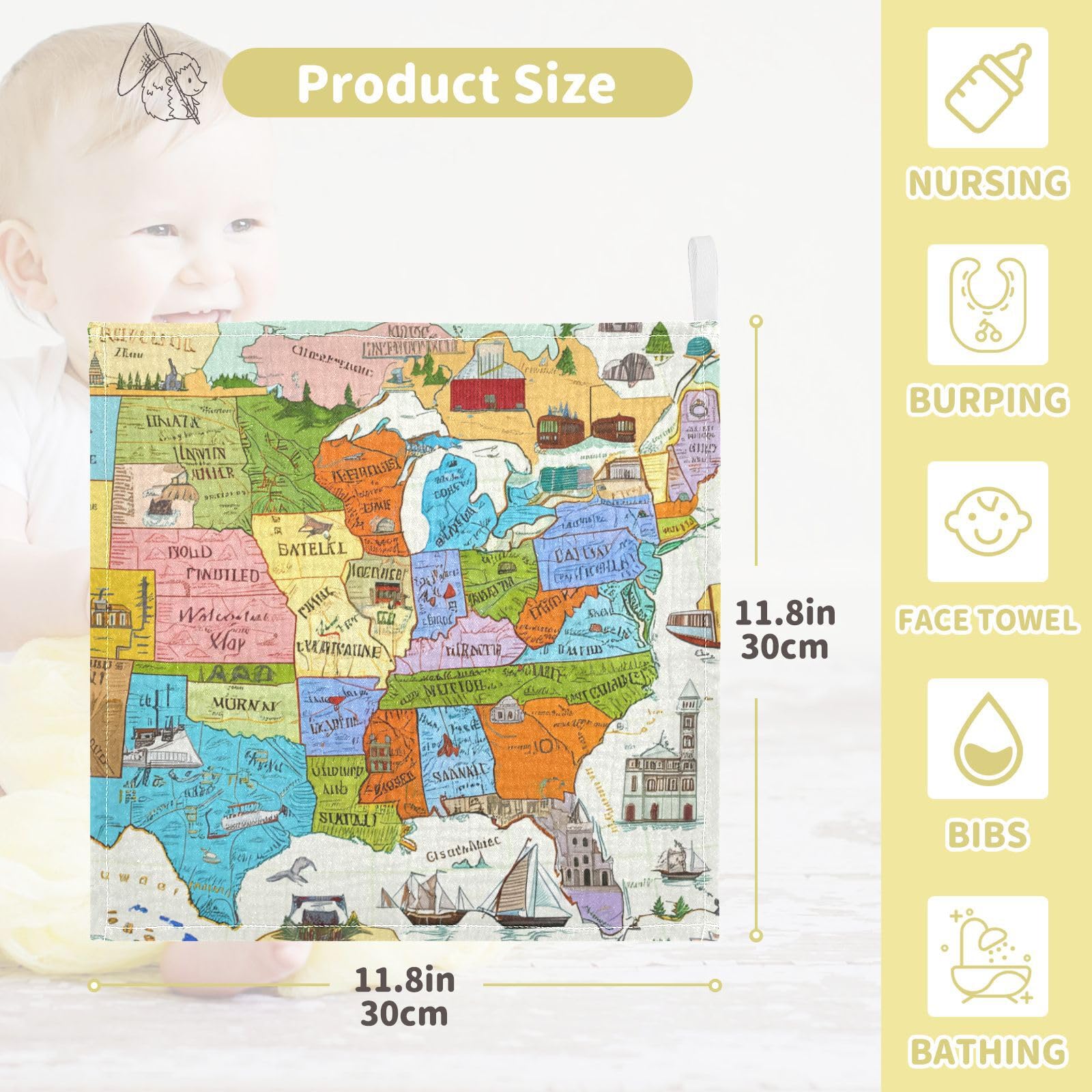 Nander 5Pack Baby Muslin Washcloths,Color World Map Soft Face Cloths for Newborn, Absorbent Bath Wash Cloths, Wipes, Burp Rag,Toddlers Essentials Stuff, Baby Registry as Shower