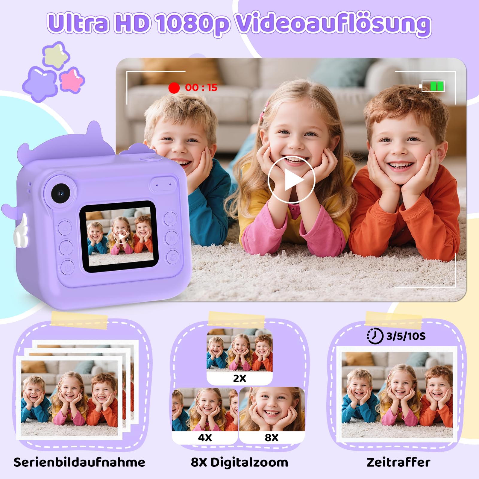 Fippesax Sofortbildkamera Kinder, 1080P HD Kinderkamera Sofortbildkamera mit 32-GB-Karte, 48MP Selfie Kamera Kinder Sofortdruck, Kinderspielzeug Geschenke für Mädchen & Jungen von 3-12 Jahren
