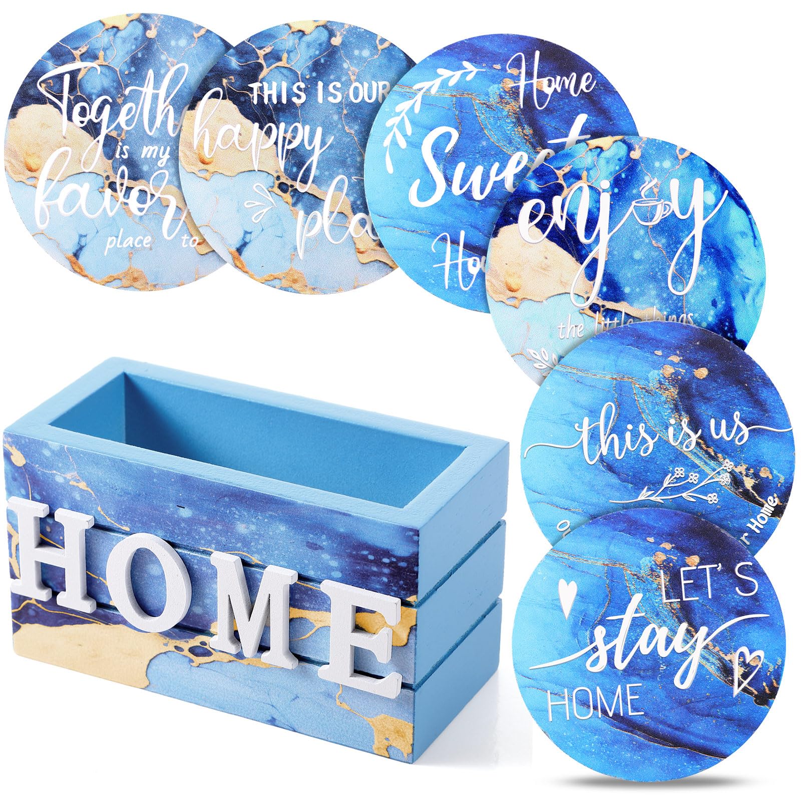 Housewarming Gifts for Home Decoration Wooden Heart Coasters for Drinks Set of 6 Farmhouse Coasters with Holder Funny for Coffee Table Protection 4 Inch (Navy Blue Marble)