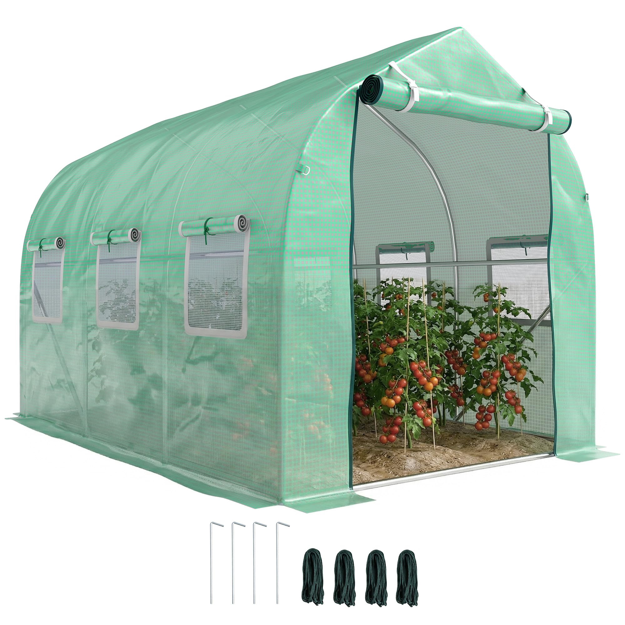 Outsunny Invernadero de Exterior 3x2x2 m Invernadero de Túnel con 6 Ventanas de Malla Puerta Enrollable Cubierta de PE 140g/㎡ Anti-UV Marco de Metal Galvanizado para Patio Jardín Verde