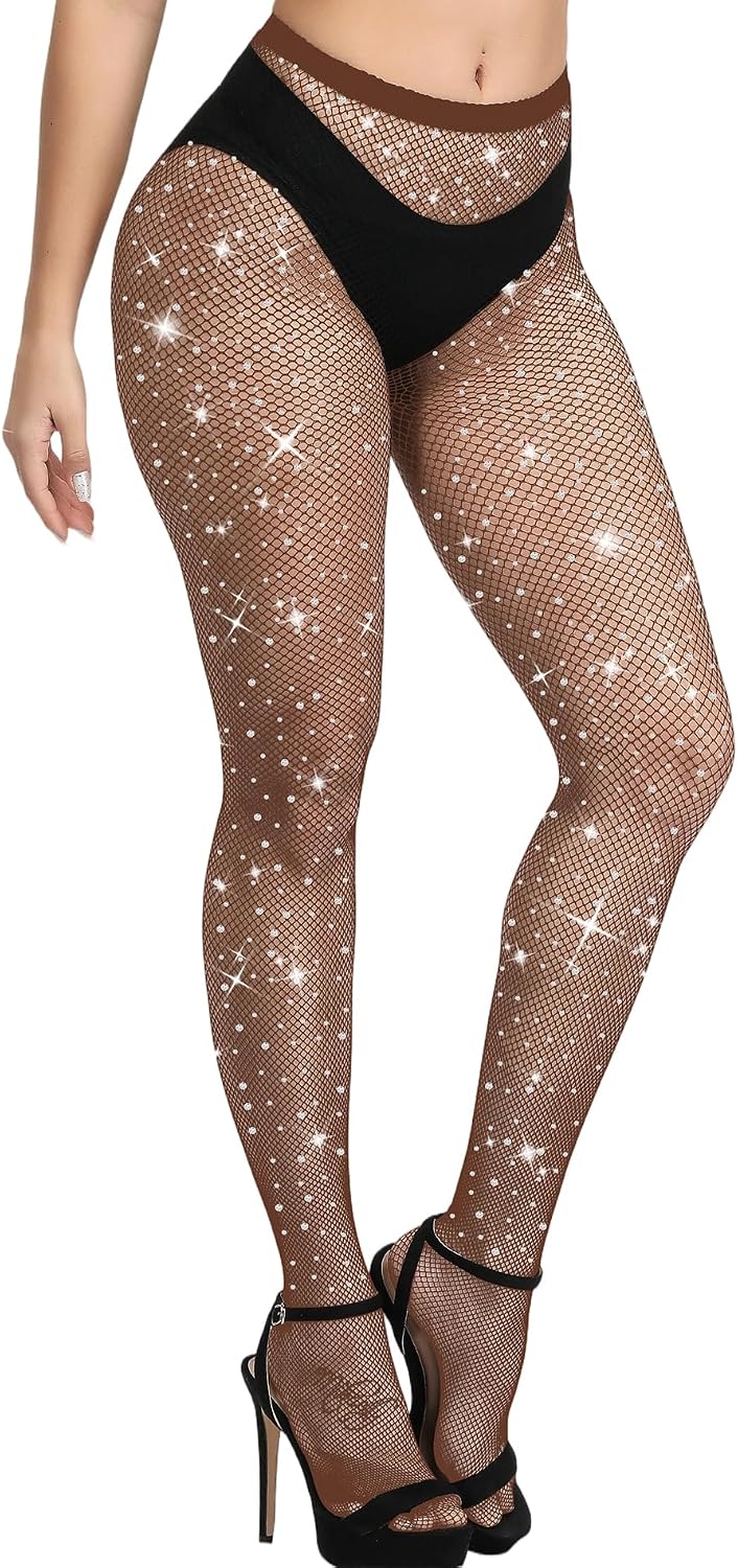 MEEZY Fishnet Stocking Rhinestone Tights for Adults, Sparkly Tights Reinforced High Waist Fishnet Stockings for Party