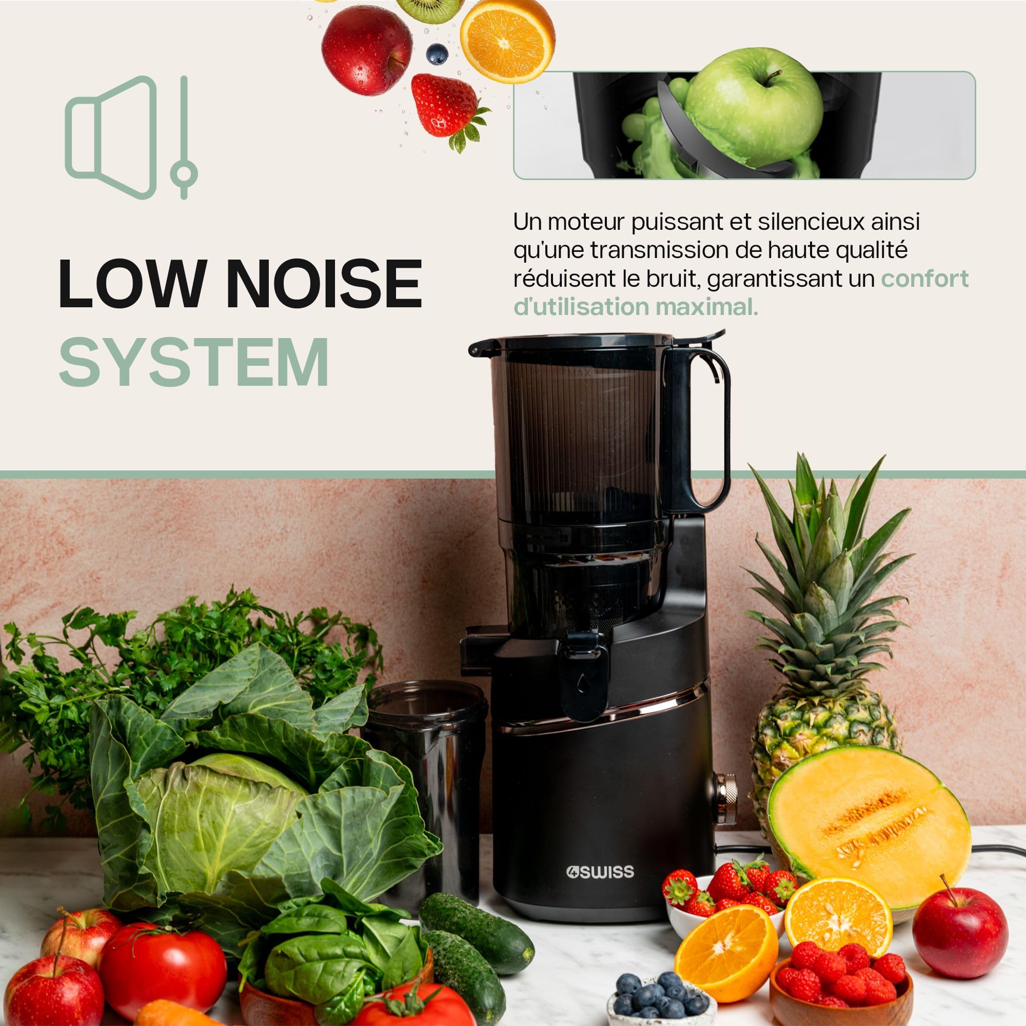Centrifugeuse Extracteur de Jus 135 mm, Masticating Juicer 0,5L, 37 tr/min, 4SWISS