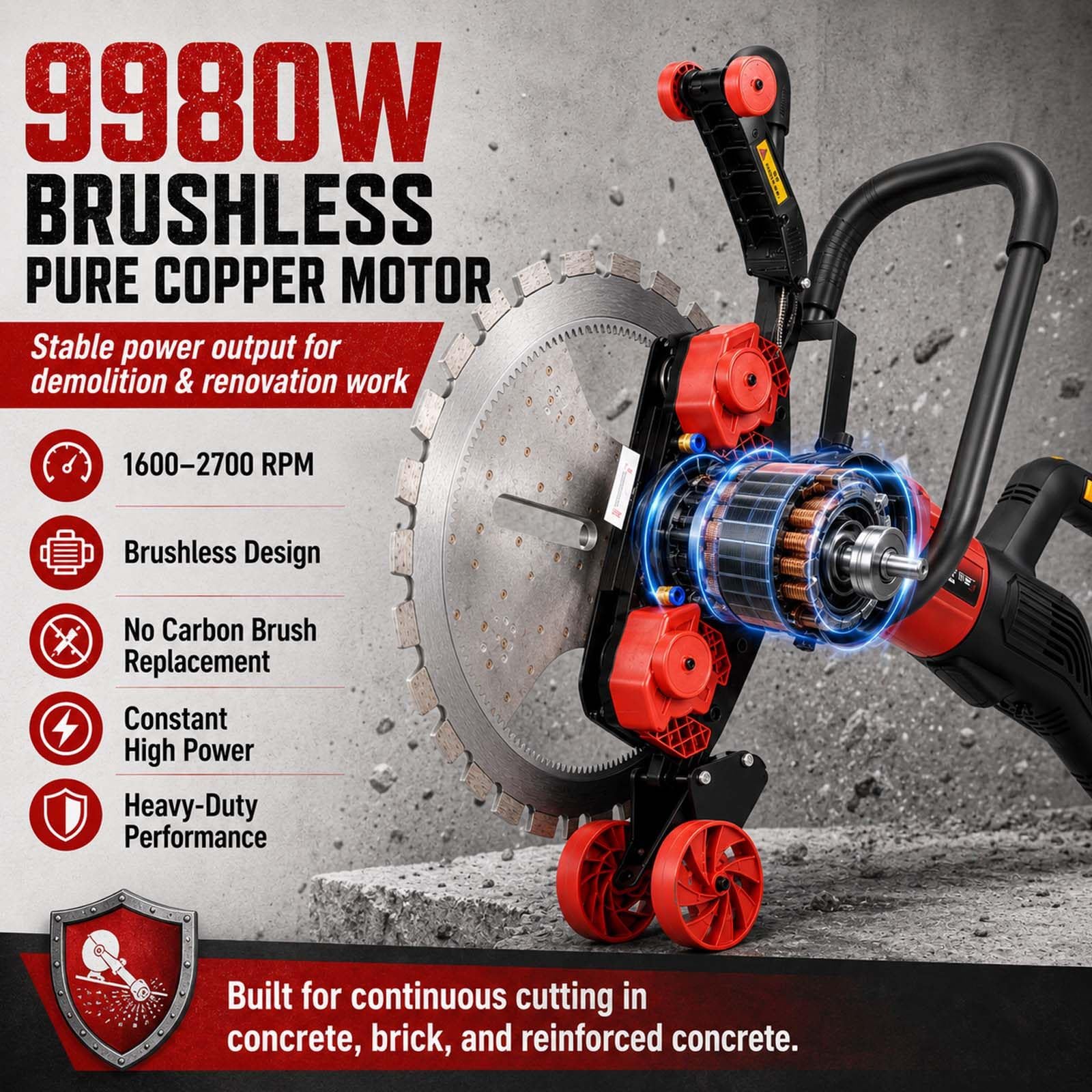 OneSawBlade krajalnica do muru, 9980 W, elektryczna – głębokość cięcia 30 cm, beton/żelbet/cegła/ściany piankowe, cięcie na mokro, bez kurzu, do ściany bez martwego kąta