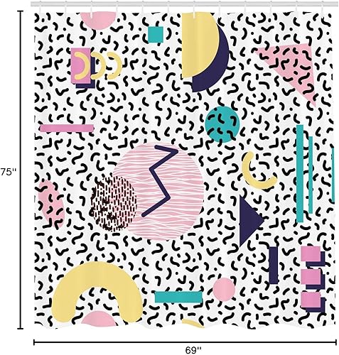 Miniatura 5 de Ambesonne Cortina de ducha de los años 90, patrón geométrico en estilo retro, redonda, media luna, formas triangulares, arte de tela, juego de