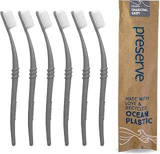 Preserve Ocean Plastic Initiative (POPI) Adult Toothbrush, Made in USA from Recycled Ocean Plastic, Charcoal Grey, Soft, 6 Count