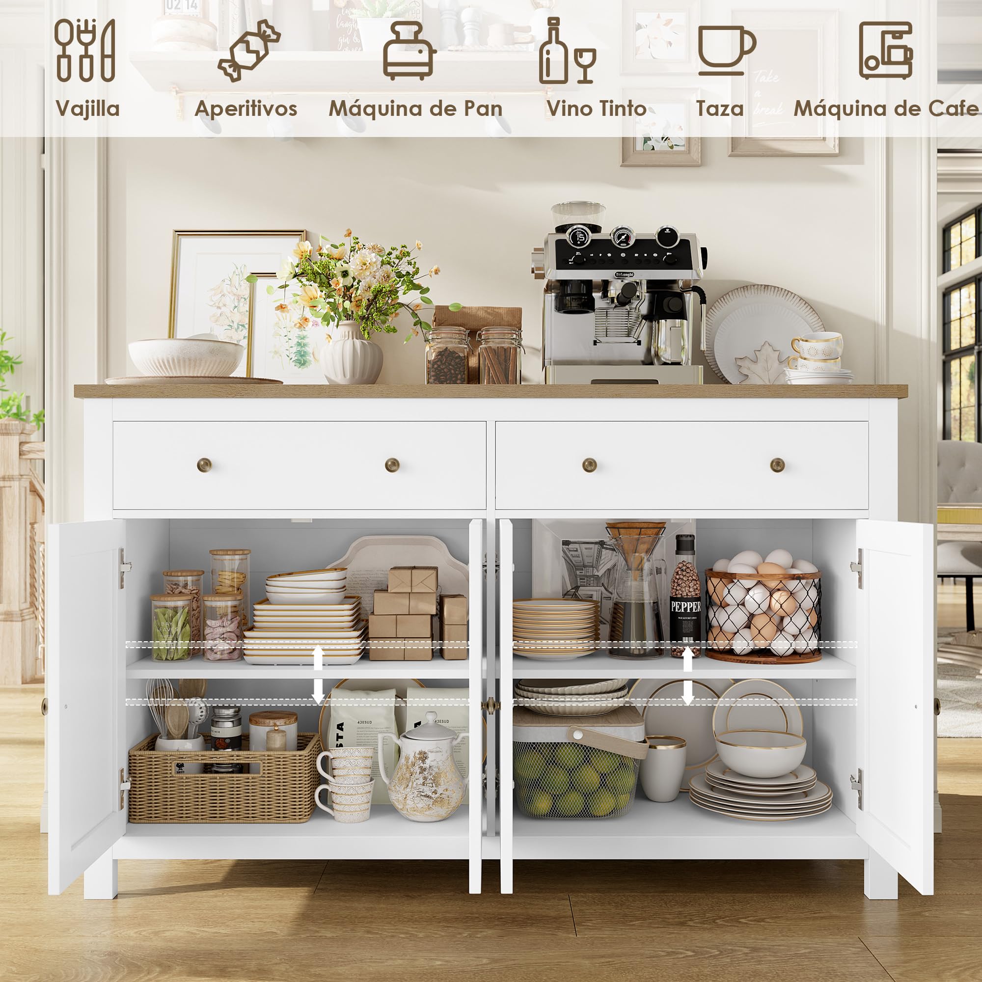 FirFurd Aparador Cocina Aparador Comedor Grande 2 Cajones 4 Puertas Blanco | Mueble Auxiliar de Cocina, Mueble Aparadores Salon con Encimera, 2 Estantes Ajustables 140x40x89cm
