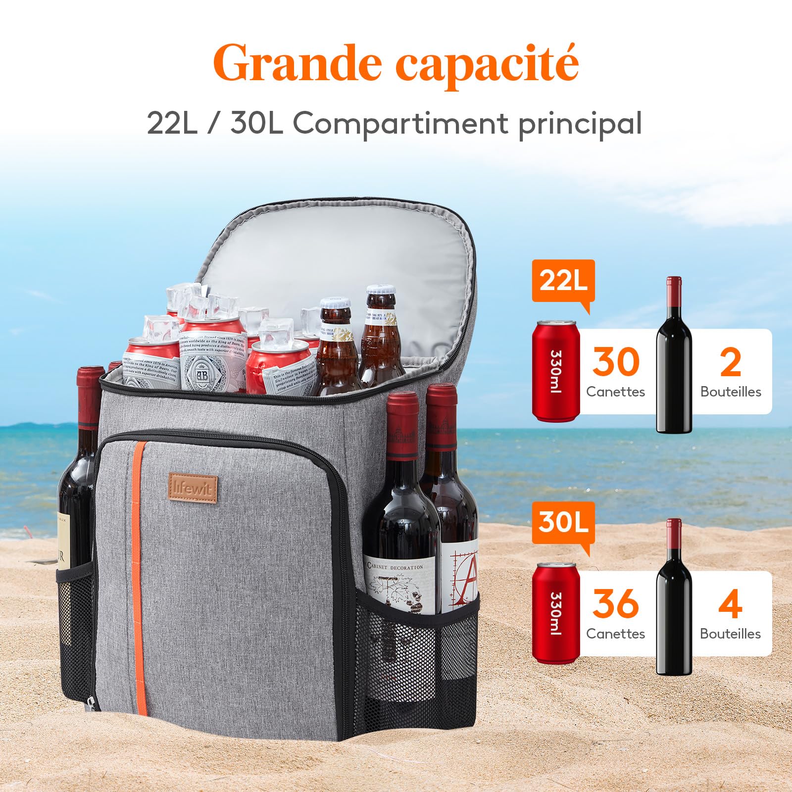 Lifewit Sac à Dos Isotherme, Glaciere Imperméable pour Déjeuner, Léger et étanche pour Homme et Femme, Glacière Souple pour Travail, Pique-niques, Plage, Camping, Voyage, 30L, Gris