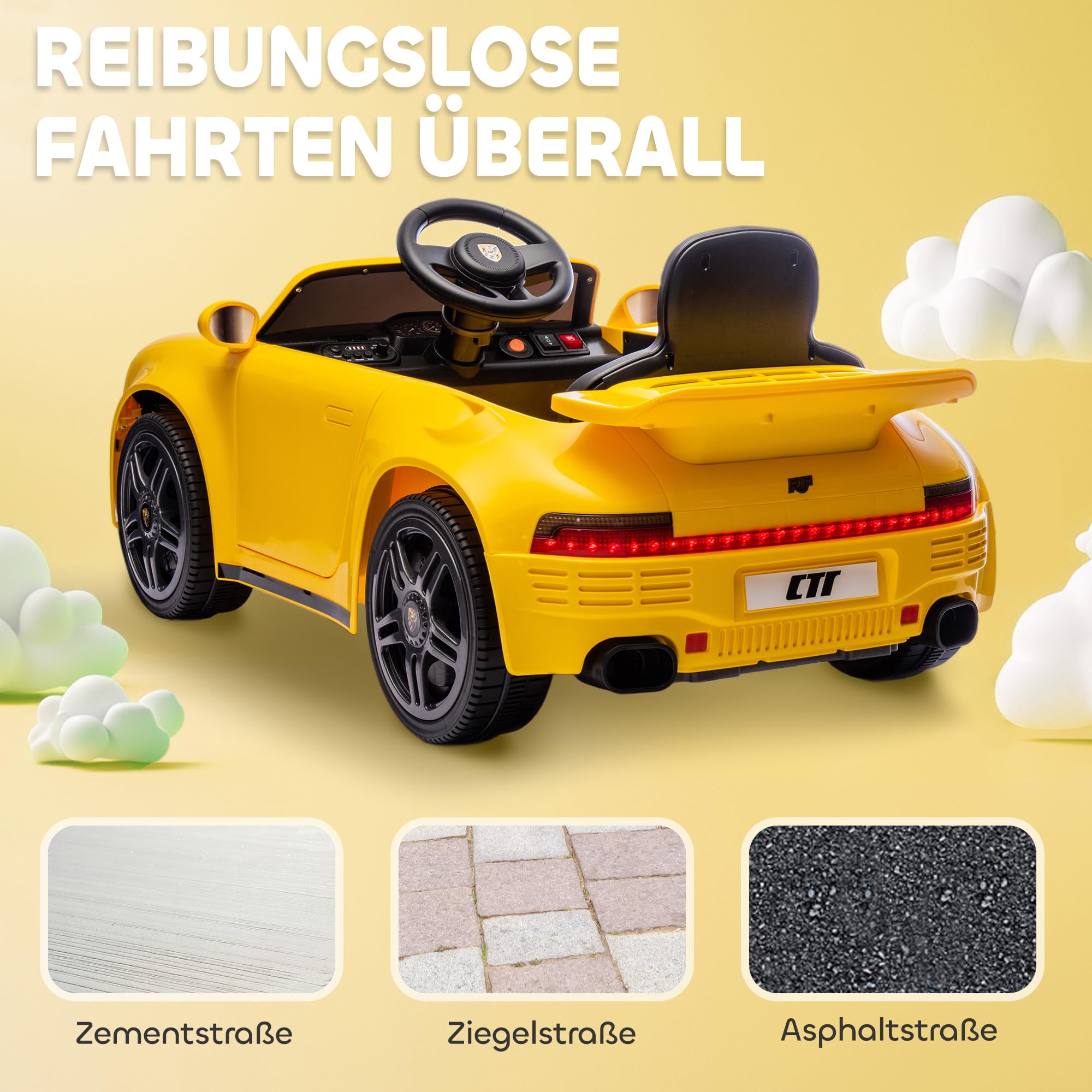 AIYAPLAY Dziecięce auto elektryczne 12V RUF CTR 2017-Yellowbird Żółty | 2,4 GHz pilot, 2 silniki, miękki start, pojazd dziecięcy, wskaźnik energii, MP3, LED, klakson, dla 3-6 lat