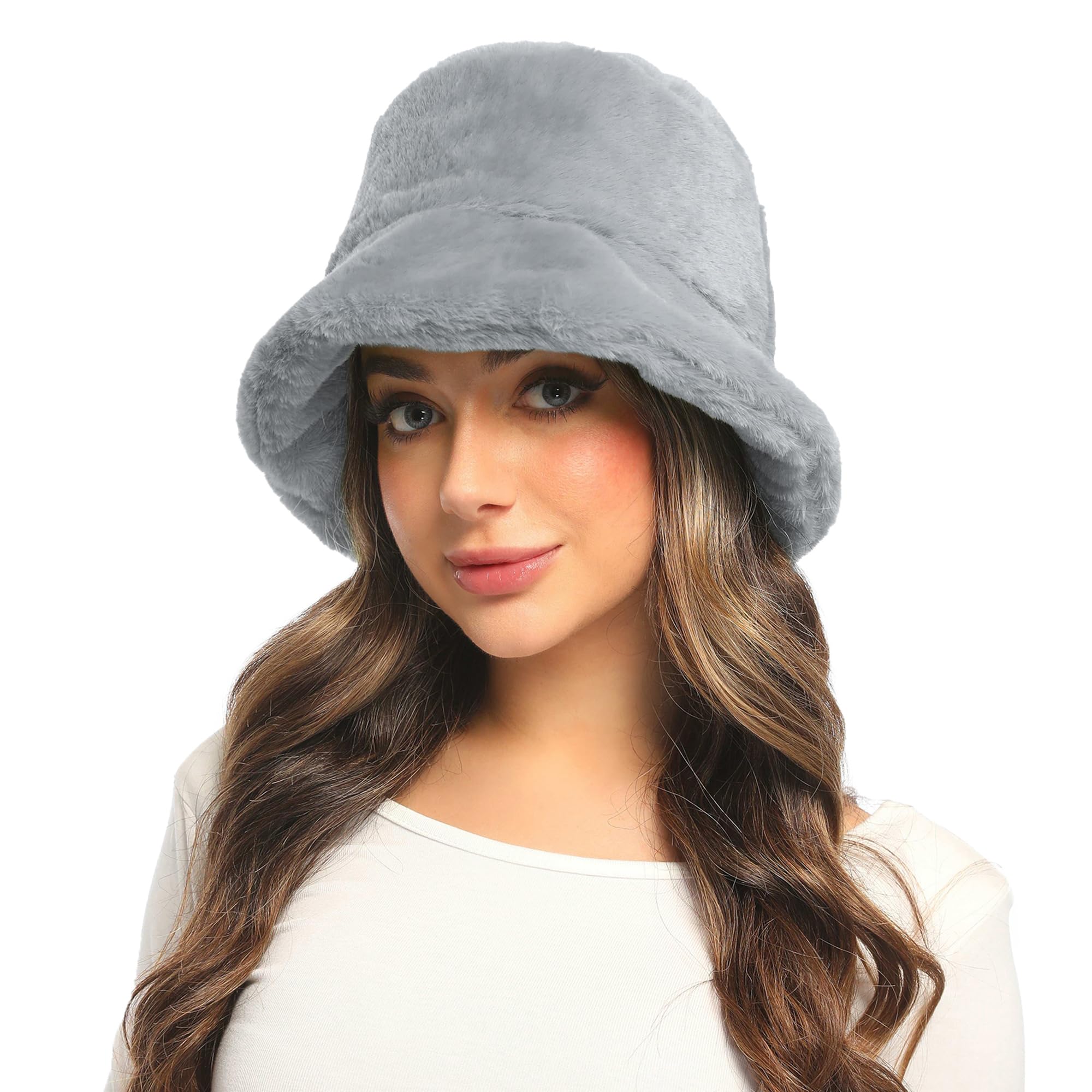 Umeepar Winter Faux Fur Fuzzy Bucket Hat Fluffy Warm Hat for Women Men