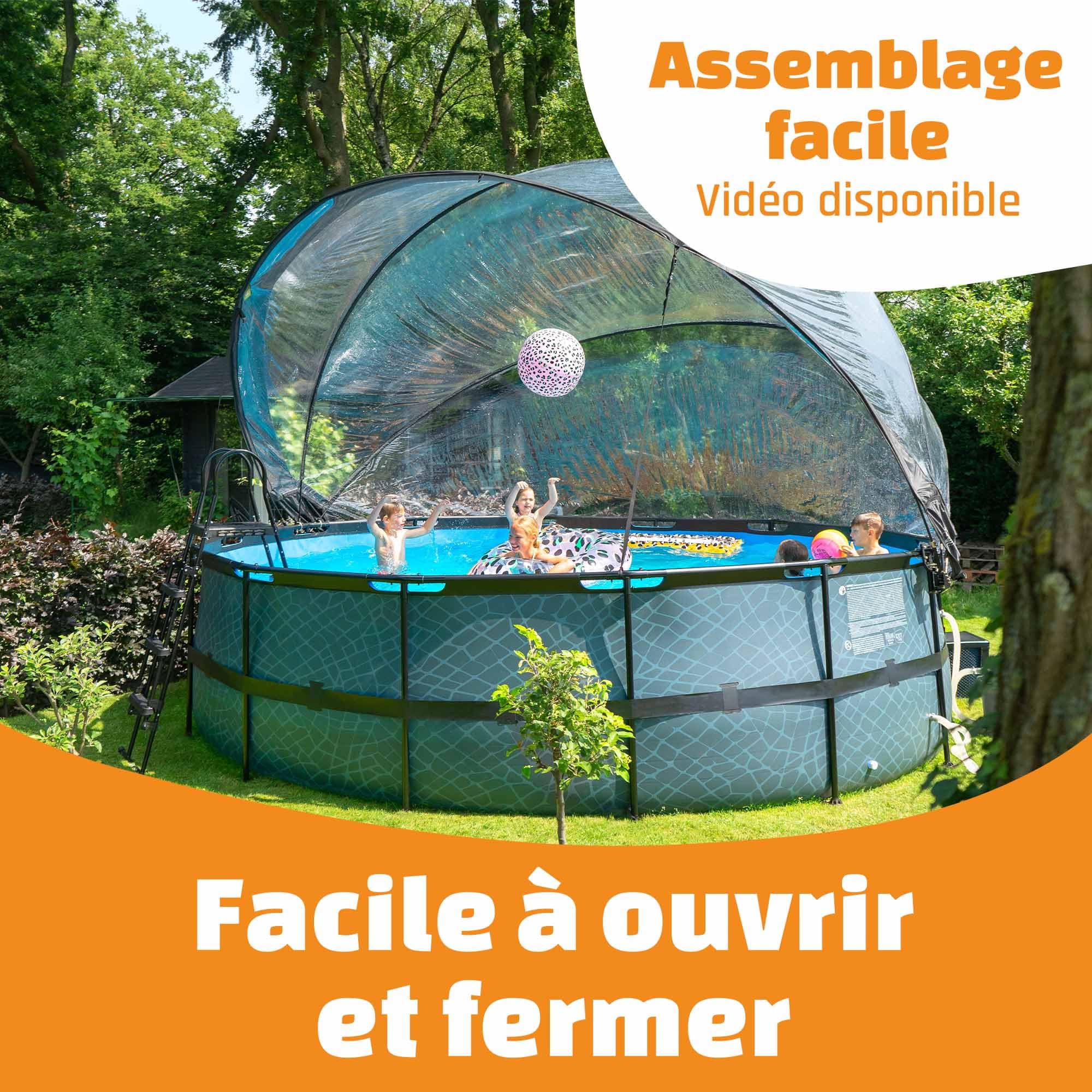 EXIT Toys Dôme Piscine Hors Sol Rond ø 450 cm Universel – Compatible Intex Bestway – Eau Plus Propre et Plus Chaude – Abri Repliable – Transparent