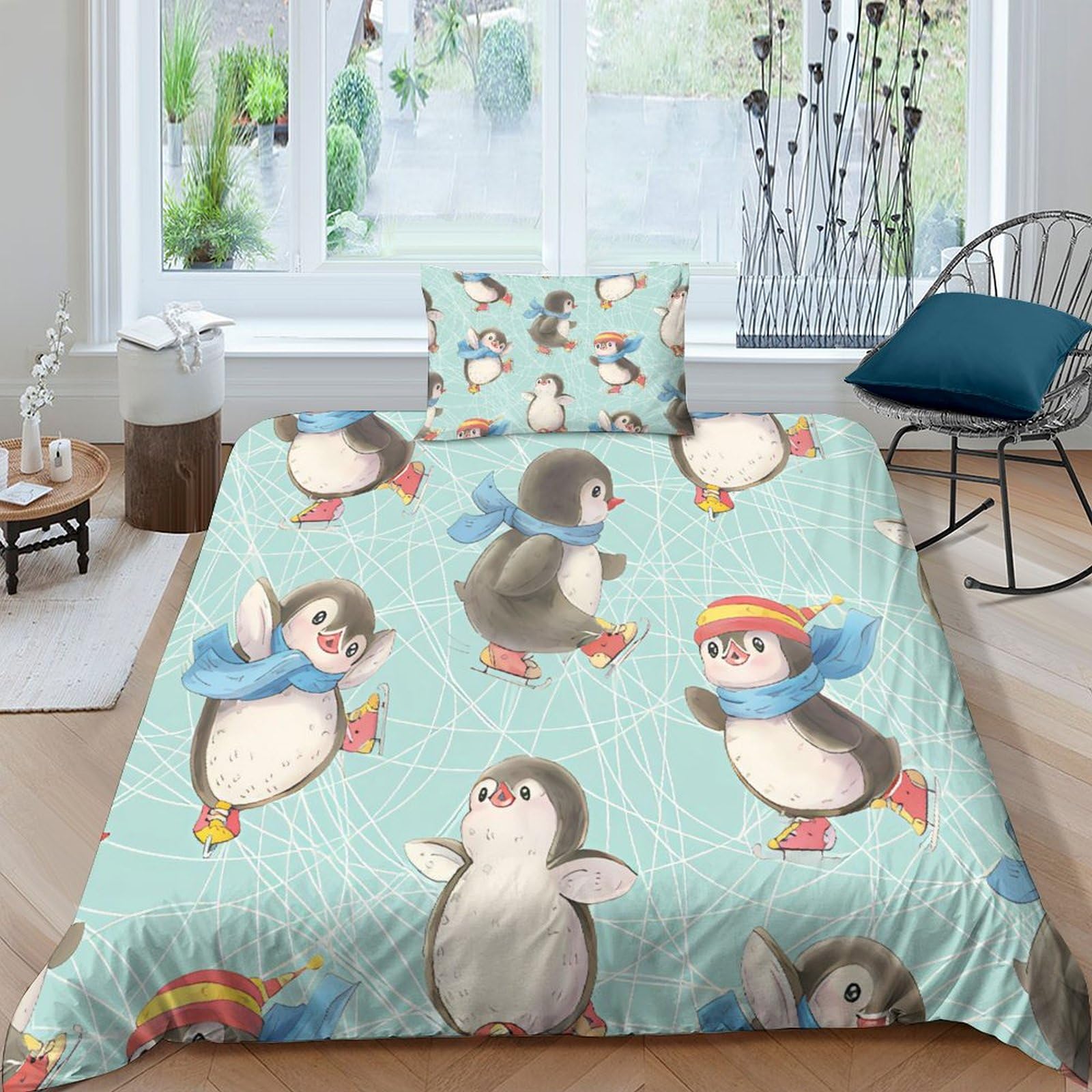 Housse de couette pingouin patin microfibre parure lit sans repassage