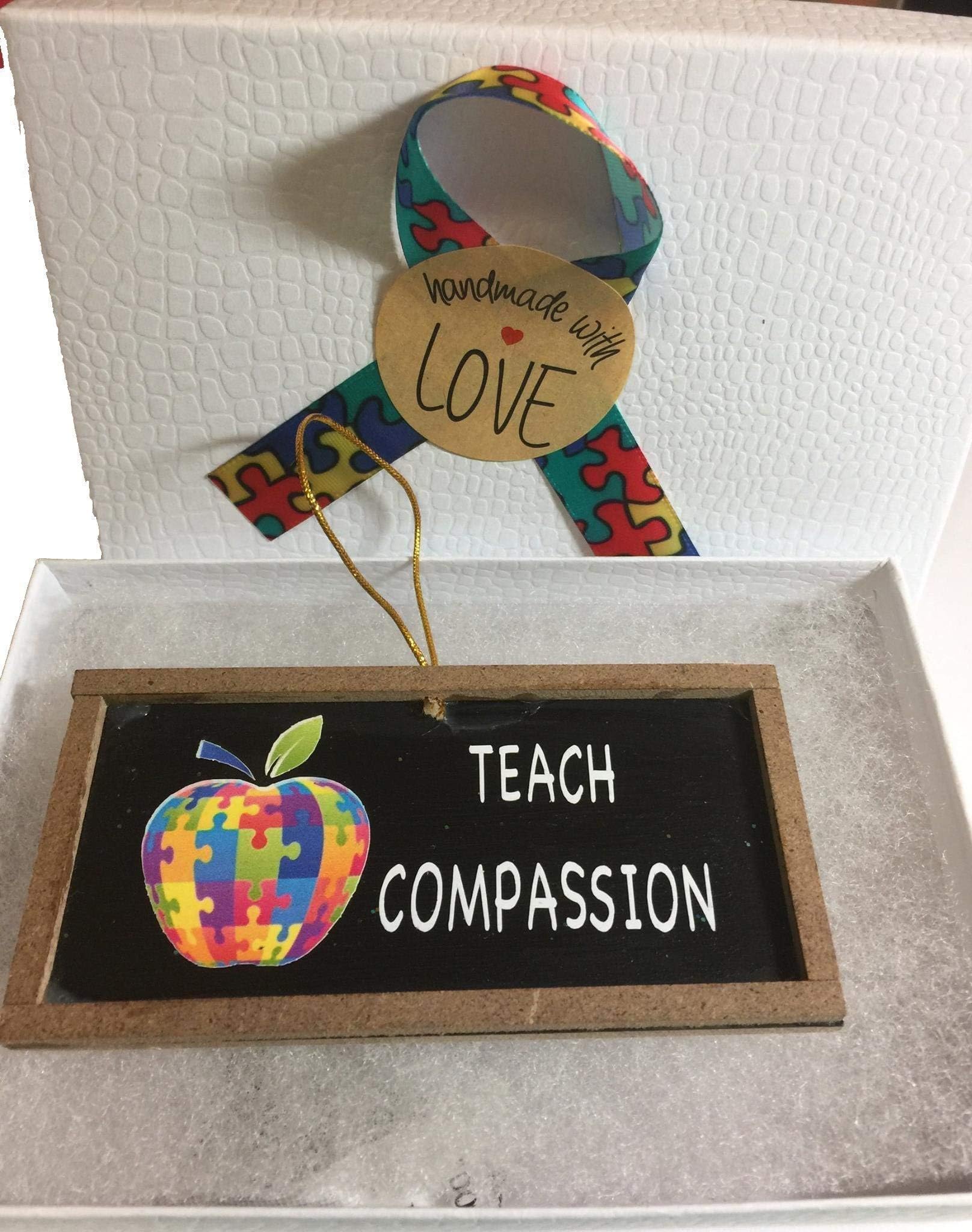 Teach Compassion Autism Teacher Gift Ornament with Puzzle Piece Apple