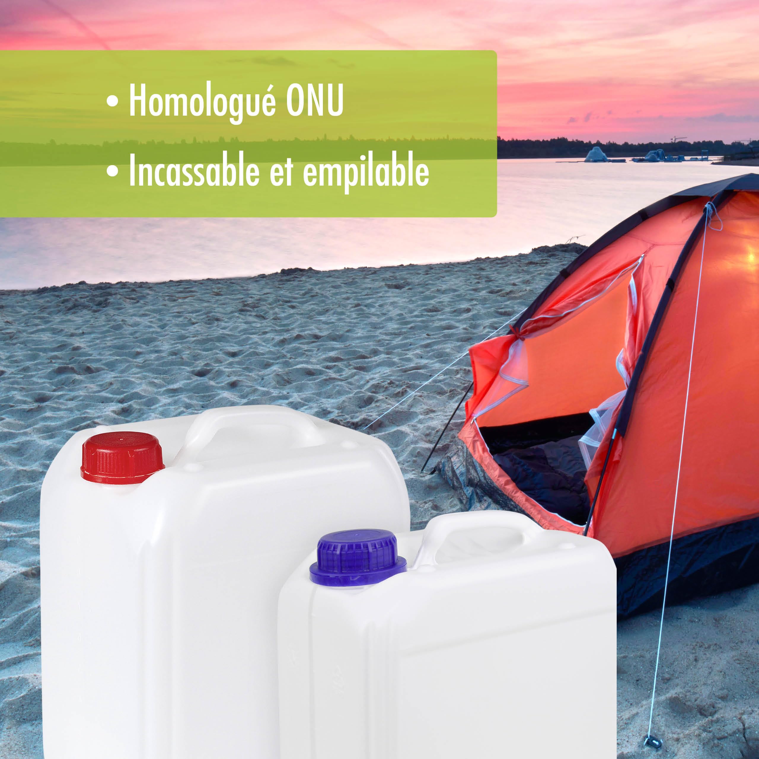 Höfer Chemie Ensemble de Bidons d'Eau 2 x 5 L - Jerrican Alimentaire | Accessoire de Camping Idéal pour les Liquides - Avec Robinet de Vidange et Bouchon à Vis - Empilable et Robuste