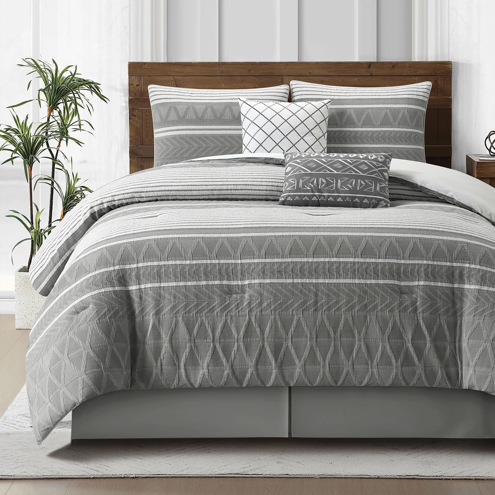 LANCO MODERN LIFESTYLE Cotton Comforter Set Queen, Gorgeous Geometric Jacquard, Grey Soft Lightweight Bedding Set for All Seasons, 6 Pieces with