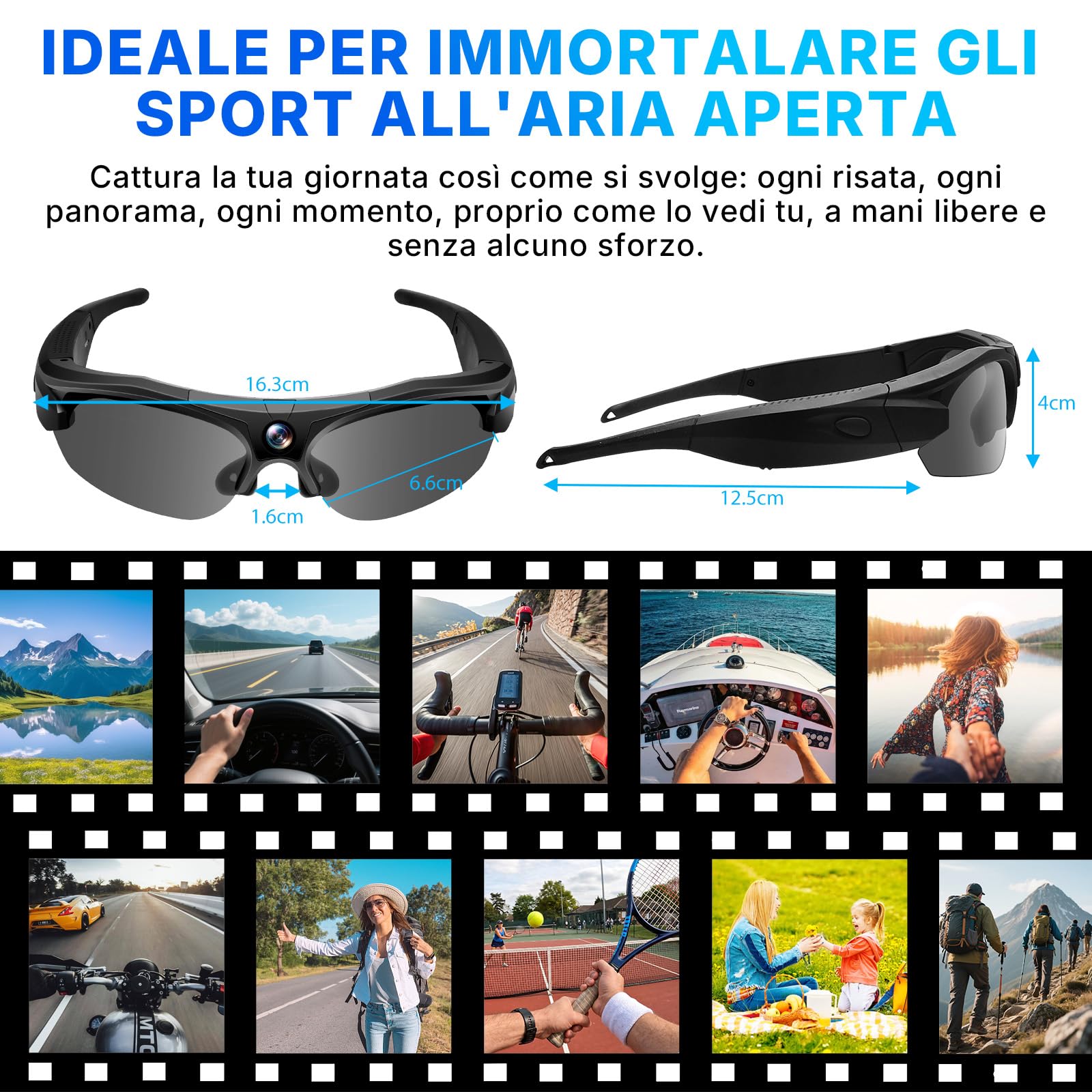 Occhiali da Sole con Telecamera, Occhiali con Telecamera Nascosta | Mini Action Cam, Registrazione video in HD, 100 minuti, 120°, Wi-Fi, registrazione in loop per attività all'aperto