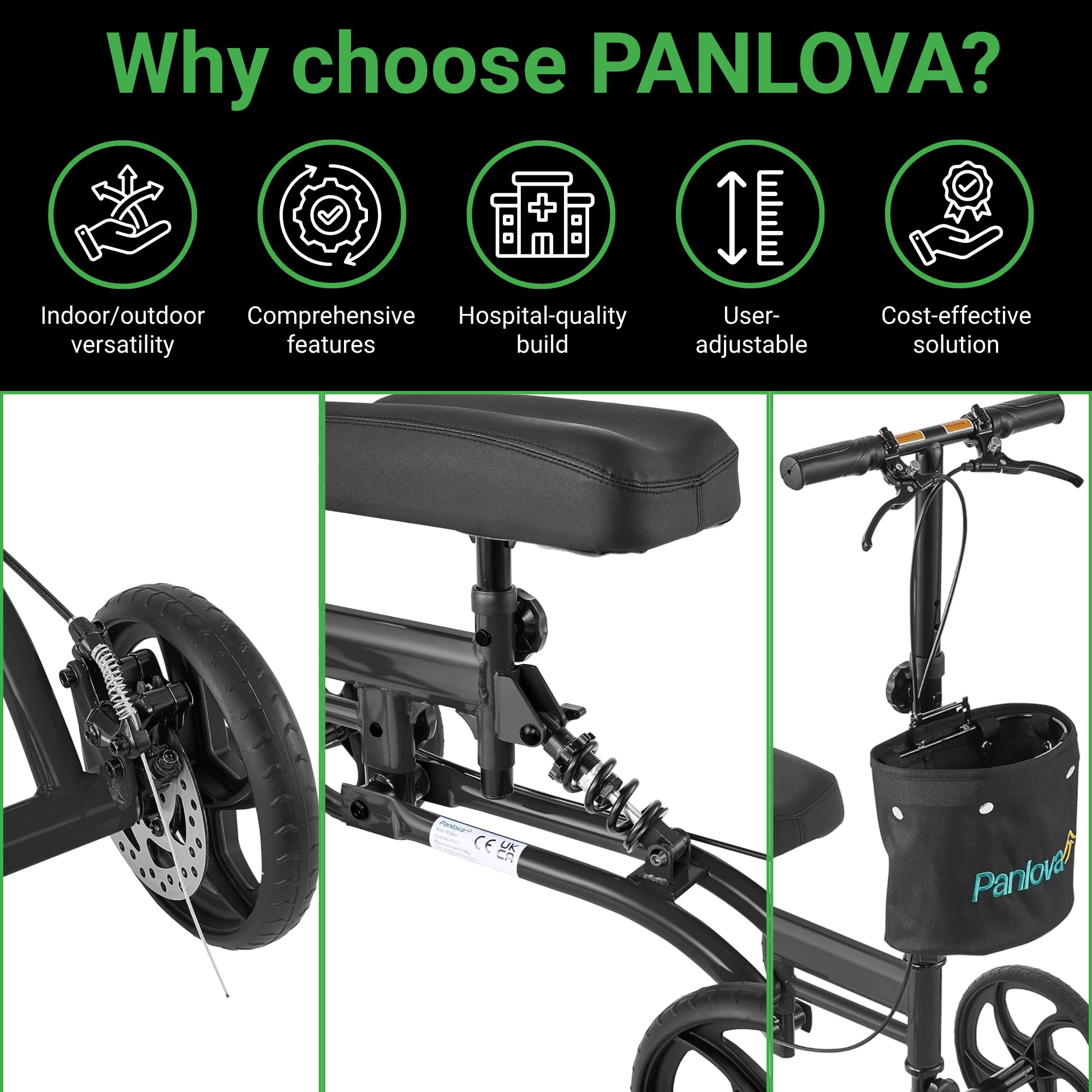 Hulajnoga do kolan - Mobility Scooters Walkers - Regulowany medyczny składany chodzik - Składana hulajnoga - Torba do przechowywania - Chodzik - Wsparcie złamanych nóg - Czarny - Dla
