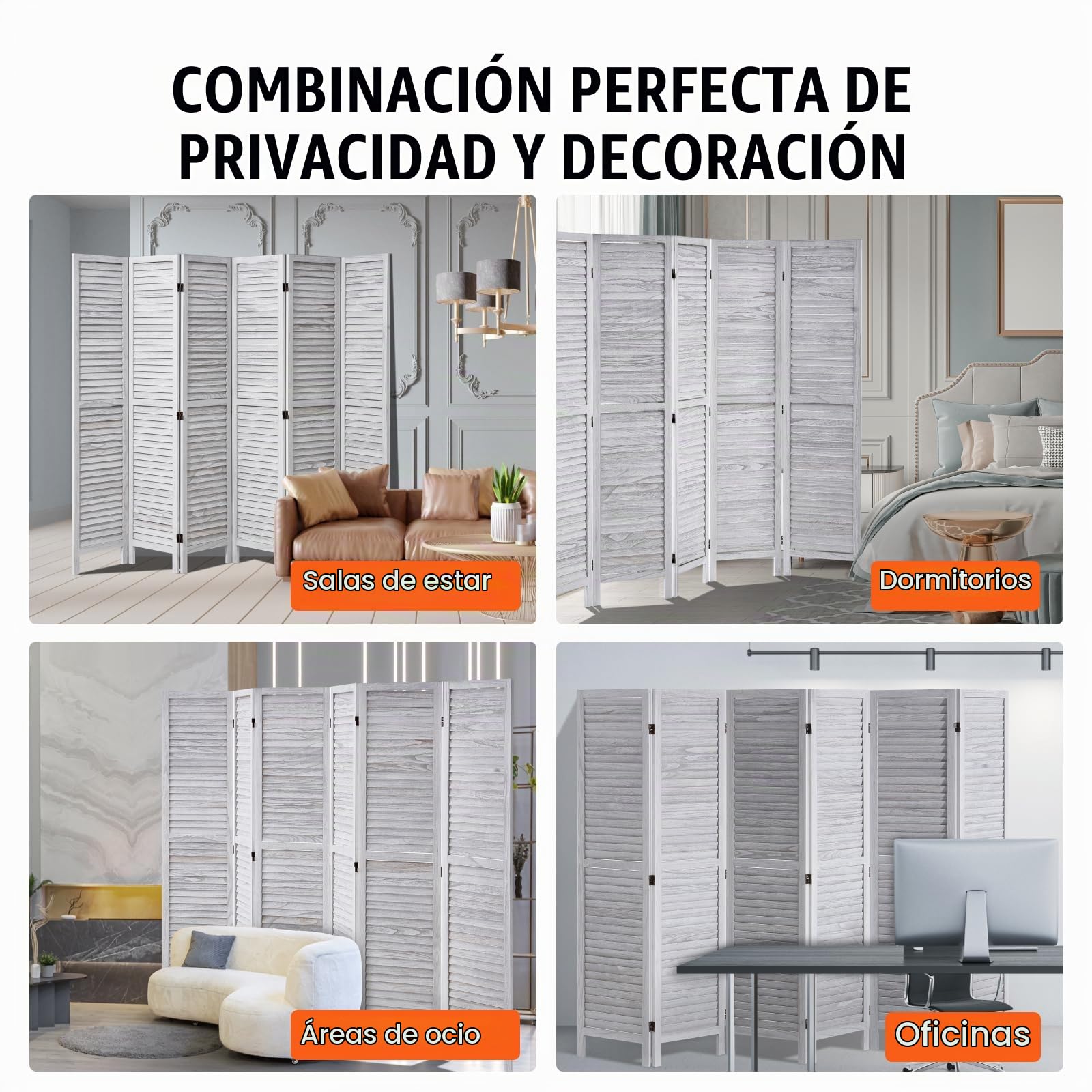 VEVOR Pantalla de Madera Portátil de Estilo Europeo, Biombo Plegable de Madera de 6 Paneles para Privacidad, 2420 x 1700 x 18,5 mm para Separar Habitaciones, Hogar, Restaurante y Dormitorio, Blanco