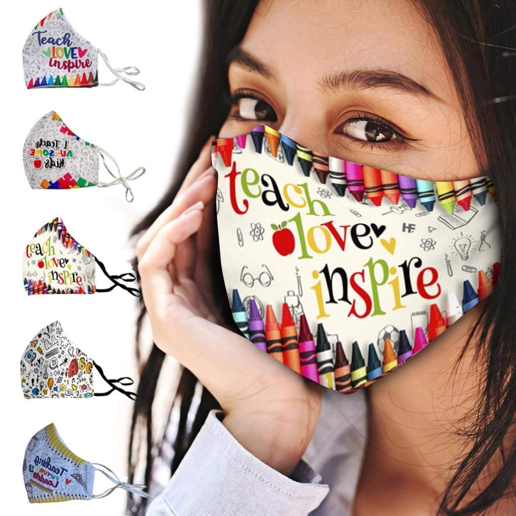 5 Pack Reuse Teach Love Inspire Facemask for Teachers, Washable &Comfortable, Teacher's Day Gifts for Back to School (5PC-C)