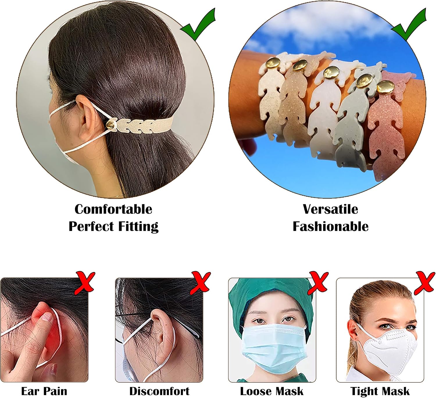 Mask Strap Extender, Face Mask Holder Hook Ear Strap, Anti-tightening Adjustable Comfortable Ear Grip, Silicone Ear Protection Savers for Reducing Ear Pain, Convertible to Bracelet (5 PCS + 1 PC Gift)