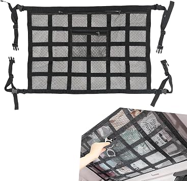 Car Ceiling Cargo Net Pocket, Black, Universal Heavy Duty Automotive Roof Storage Accessories for Truck SUV Car with Buckle Fasteners, Polyester Mesh, 31.49In x 21.25In