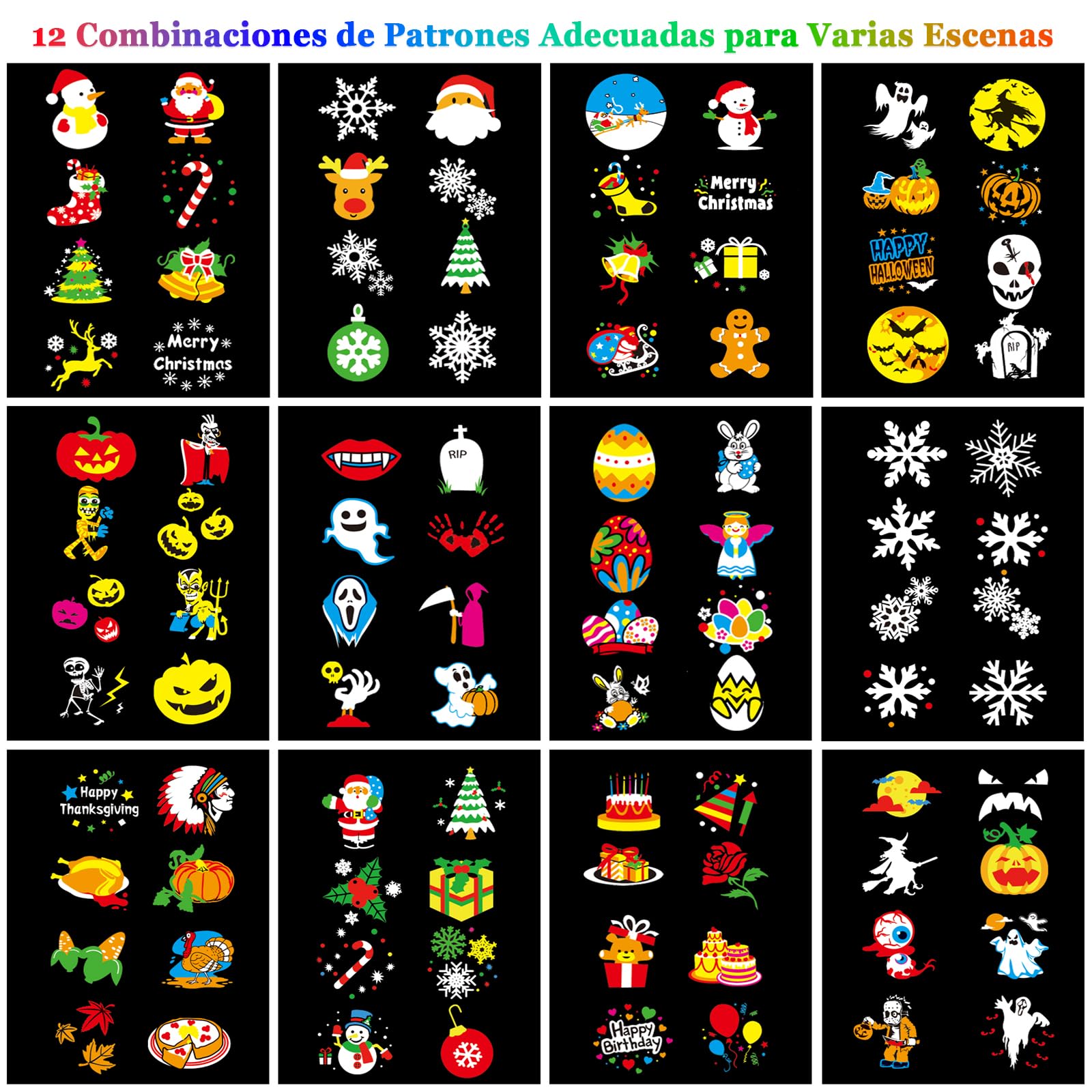 Proyector Navidad y Halloween Exterior Interior, 12 HD Patrones LED Luces de Proyector Navidad Luz Lámpara de Proyección IP65 Impermeable con Control Remoto para Fiestas, Jardines, Patios