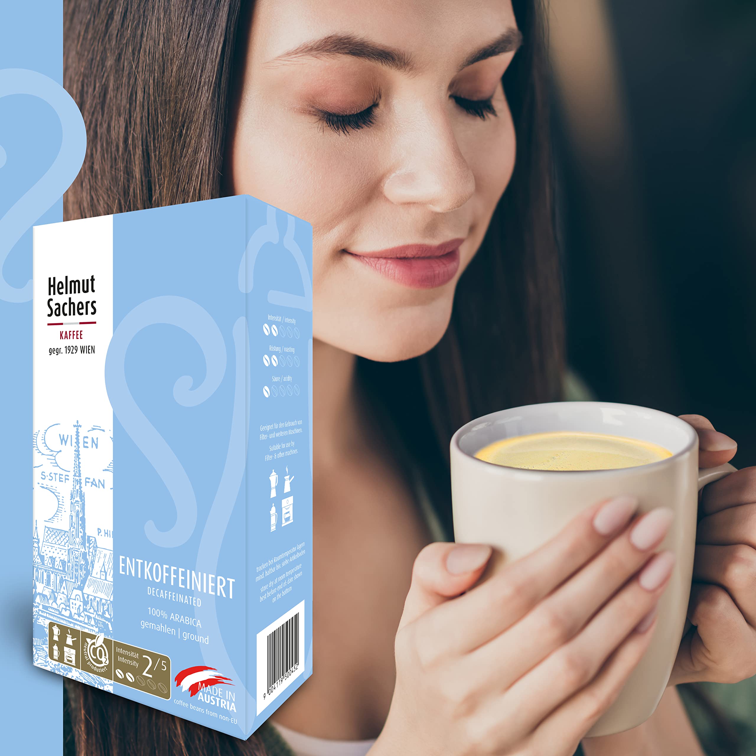 Helmut Sachers Kaffee - bezkofeinowe, delikatnie bezkofeinowe ziarna columbia o pełnym smaku, trwale palone w Austrii – mielone, 6 x 500 g