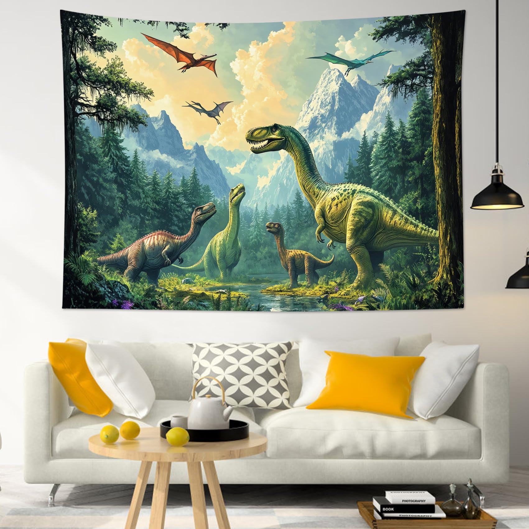 HVEST Dinosaur Tapestry for Bedroom, Ancient Wild Animal Dinosaur in Green Forest Tapestry Wall Hanging Mountain Nature Landscape Wall Art for Living
