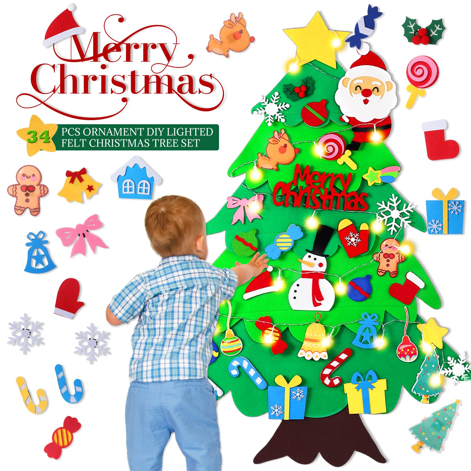 Filz-Weihnachtsbaum für Kinder – 100 cm Wandfilz-Weihnachtsbaum für Kleinkinder mit Lichtern und 34 Ornamenten, DIY Weihnachtsdekorationen