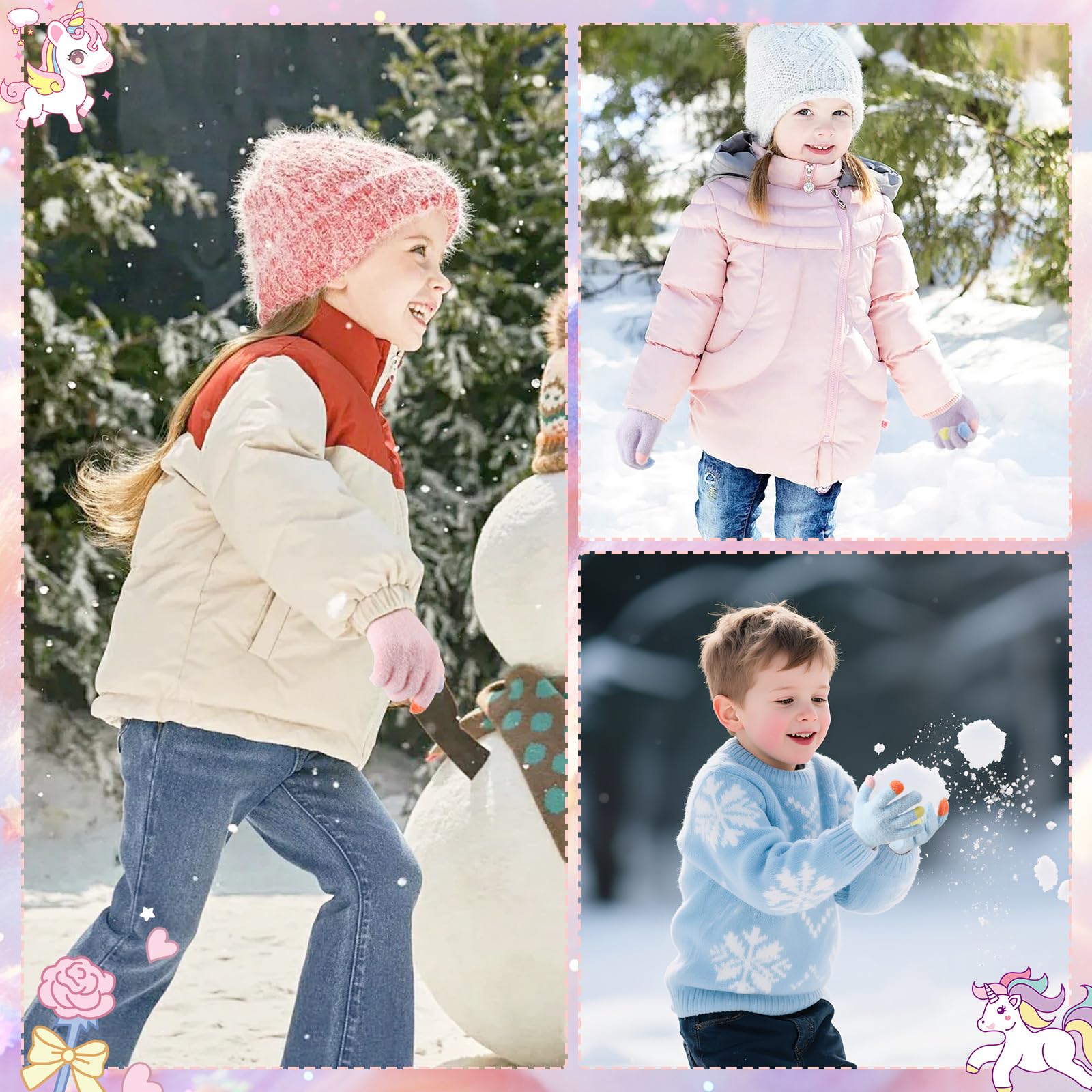 QKURT Lot de 3 paires gants d'hiver chauds enfants mitaines tricot extensible 4-10 ans