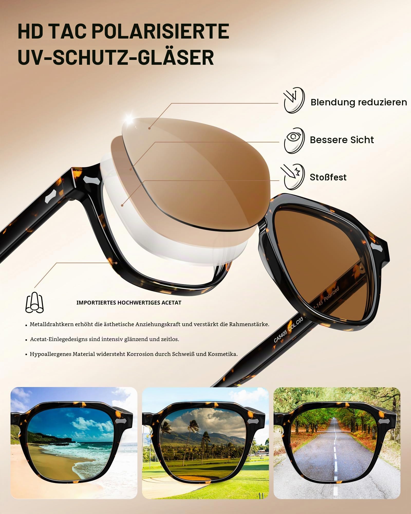 CARFIA Rechteckige Polarisierte Sonnenbrille Herren mit UV400-Schutz | Retro Acetatrahmen,Outdoor Autofahren und Angeln，Vintage Design, Blendschutz,Langlebigkeit, Schweißschutz