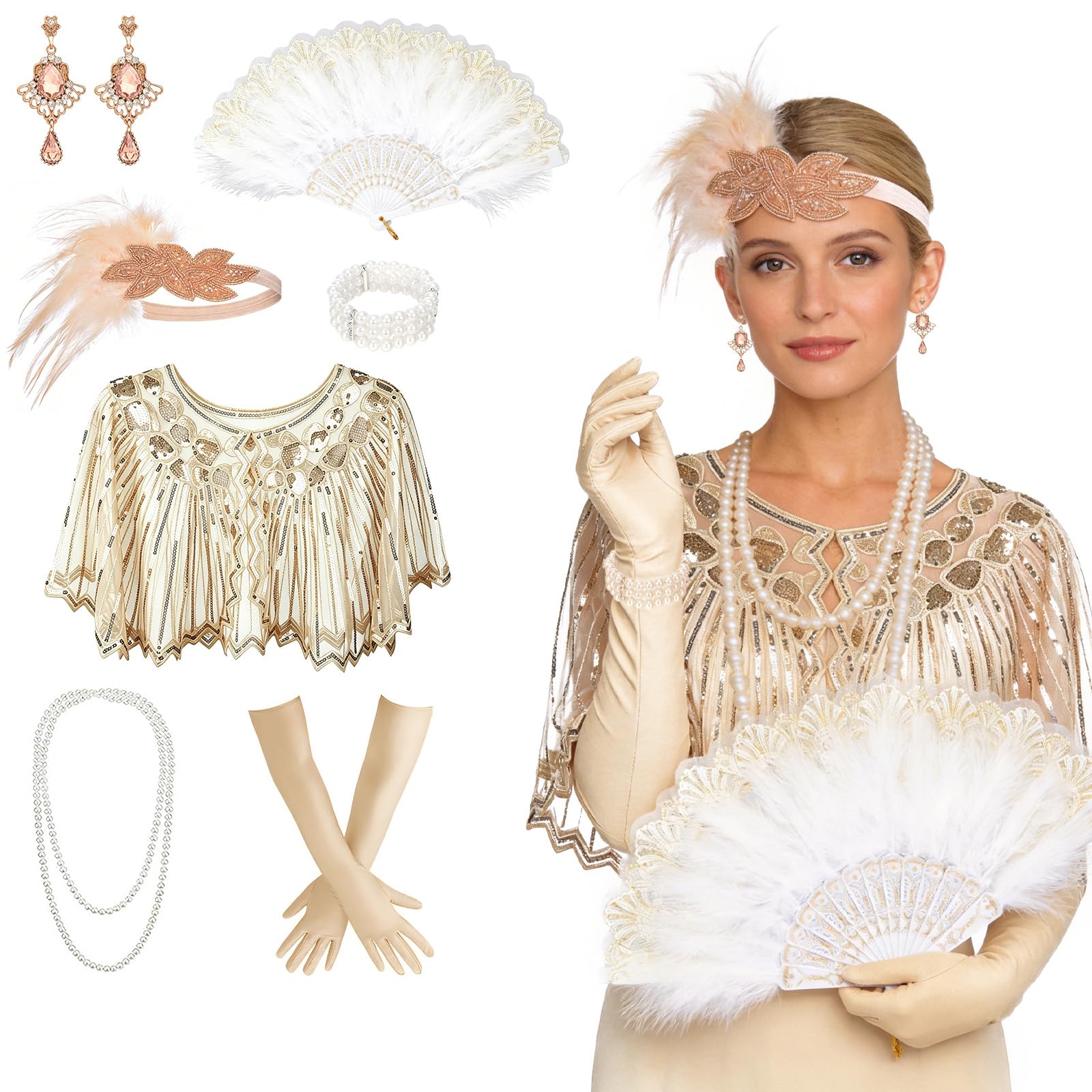 PEAKTOP 8-Piece Great Gatsby Accessories for Women, 1920s Accessories for Women, Ladies Charleston Fancy Dress up, 1920s Flapper Set with Earrings