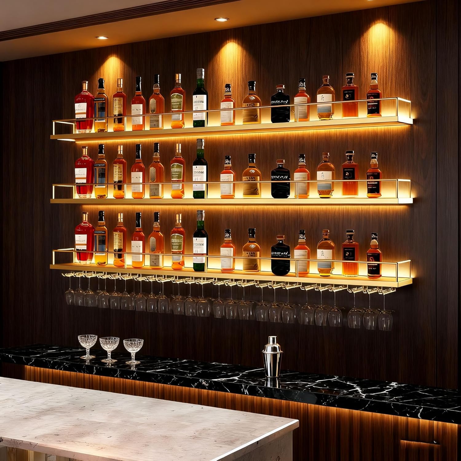 Metal Wall Mounted Wine Rack with LED Light, 3 Tiers Liquor Bottles Floating Shelves with Glass Holder, Wine Shelf Industrial Bar Shelves for Home Bar