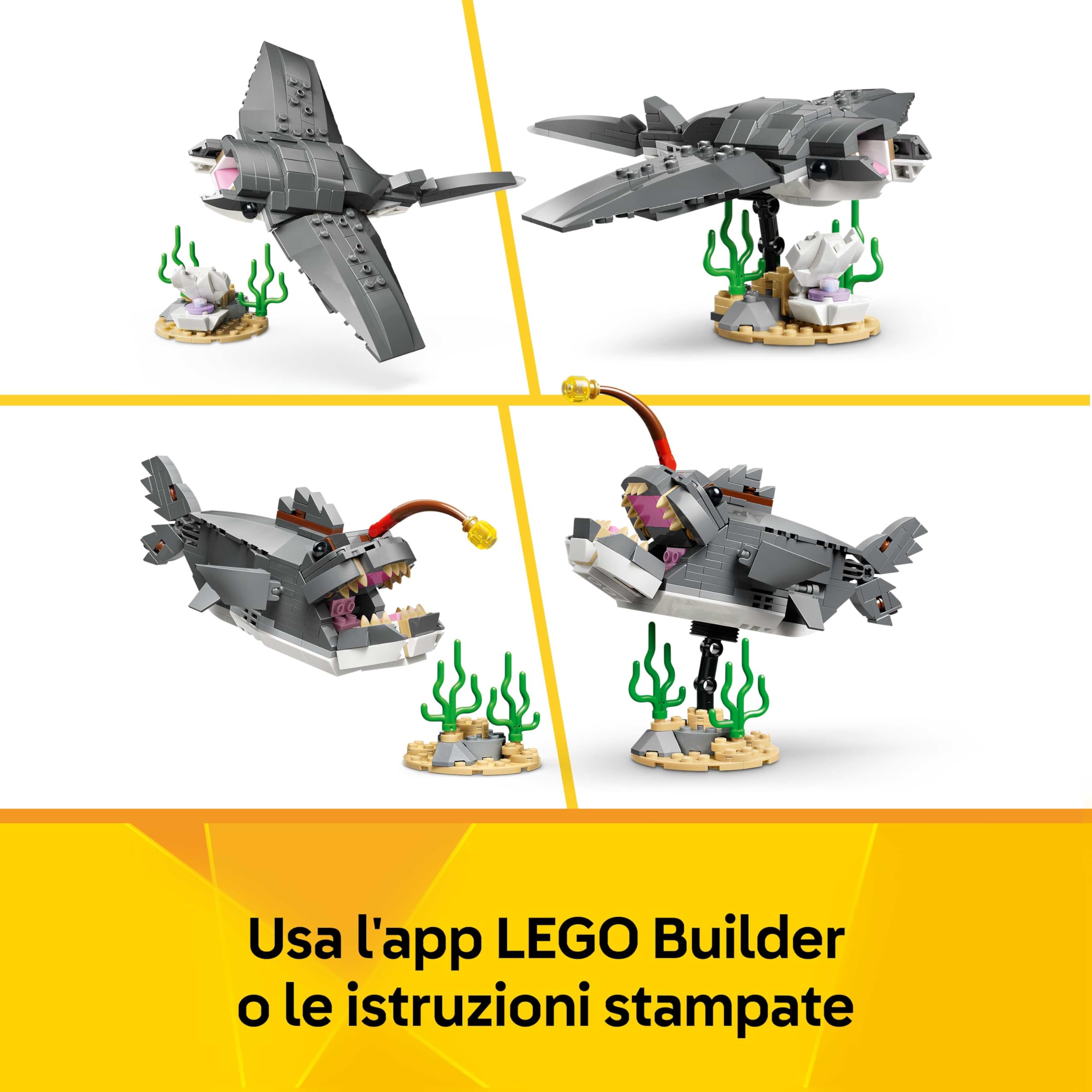 LEGO Creator 3 in 1 Squalo con Scrigno del Tesoro Giocattolo - Animale Marino Trasformabile in Rana Pescatrice o Manta - Decorazione Camera da Letto - Regalo per Bambini e Bambine da 8 Anni - 31381