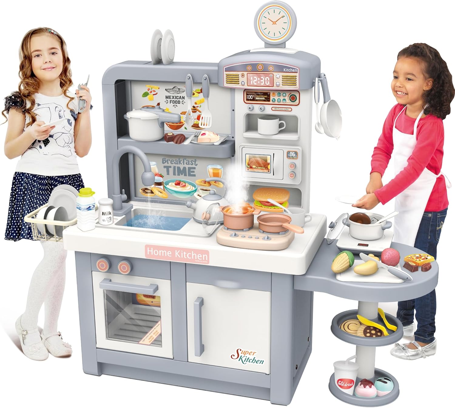 Elevon Pretend Play Kitchen Toy Set for Kids, Interactive Playset with Lights and Sounds, for Toddlers 3+ Years Old, 49 Piece Toy Accessory Set with Cooking Stove, Sink, Play Food, Realistic - Gray