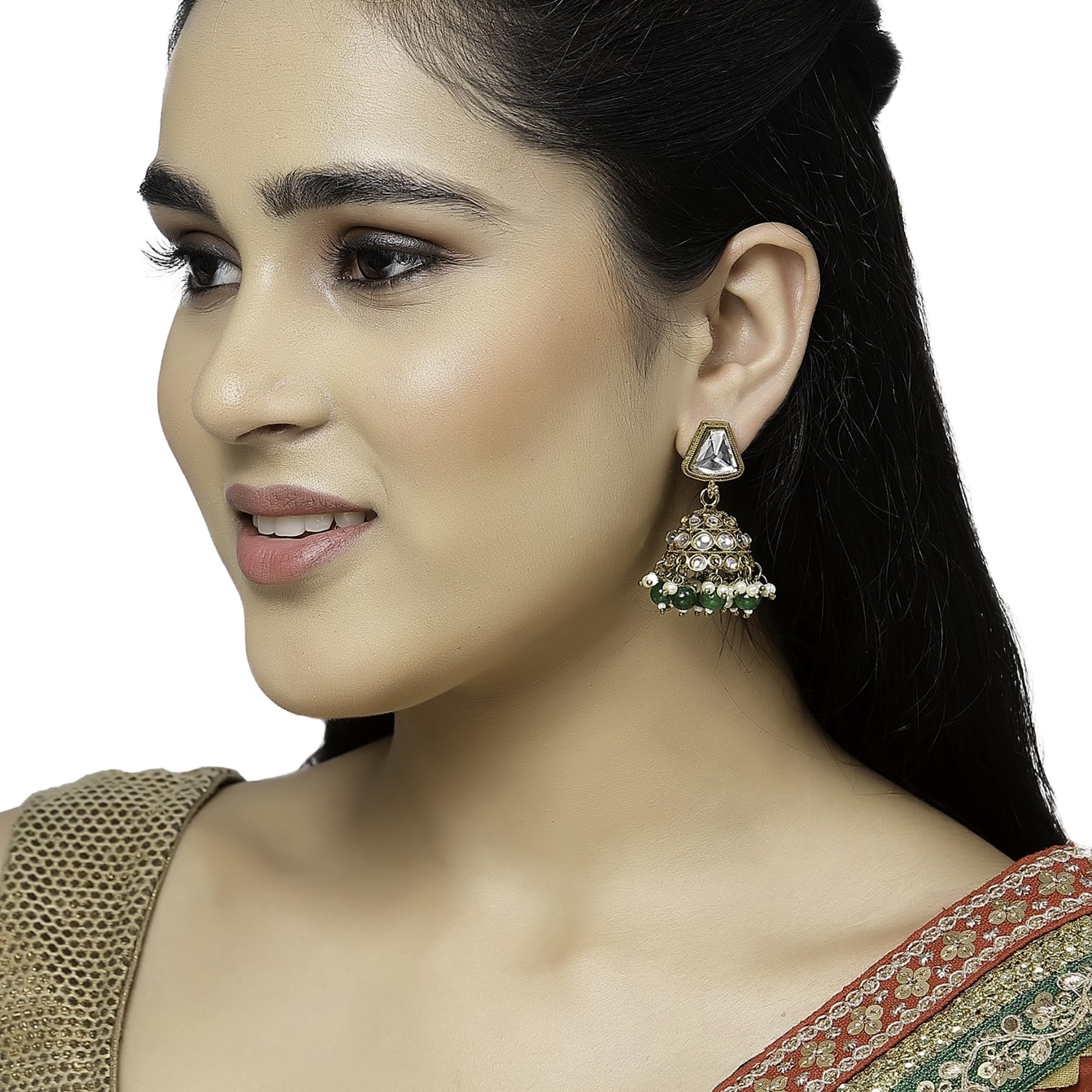 Gold-Plated Kundan & Pearls Dome Mirror Jhumka Earrings