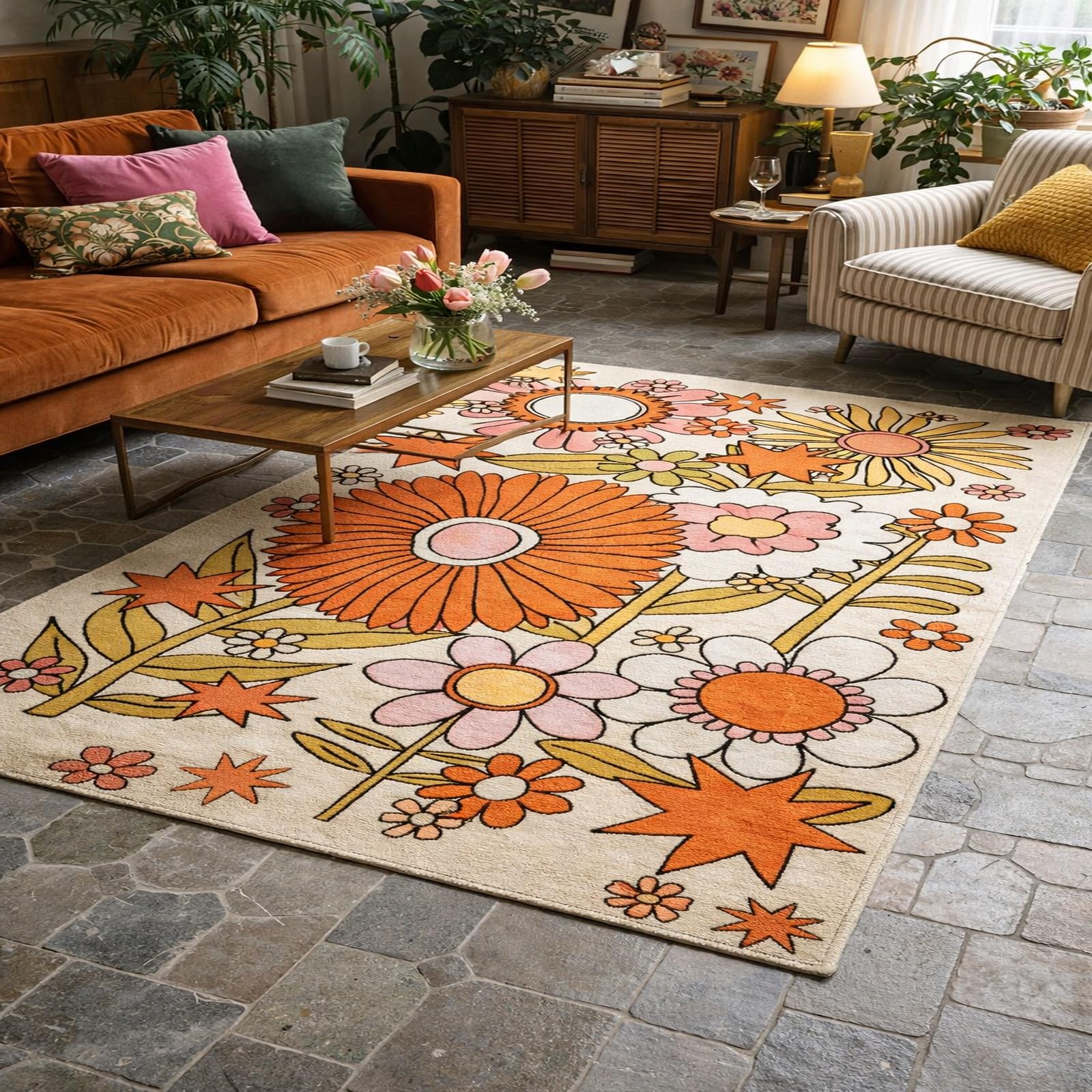 Tapis salon orange moderne à poils ras facile à nettoyer 140x160 cm