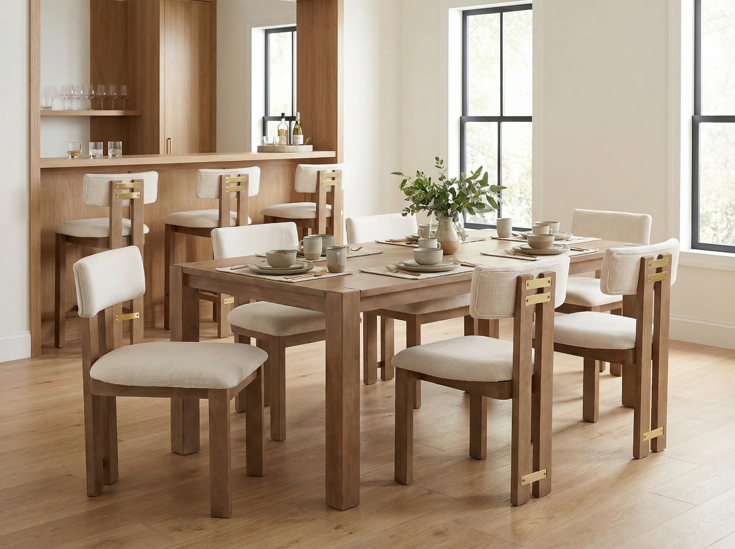 BESTANO Linen Wooden Dining Chairs Set of 6, Modern Farmhouse Dining Room Kitchen Chairs with Curved Backrest Natural Wood Legs, Armless Dining Chairs