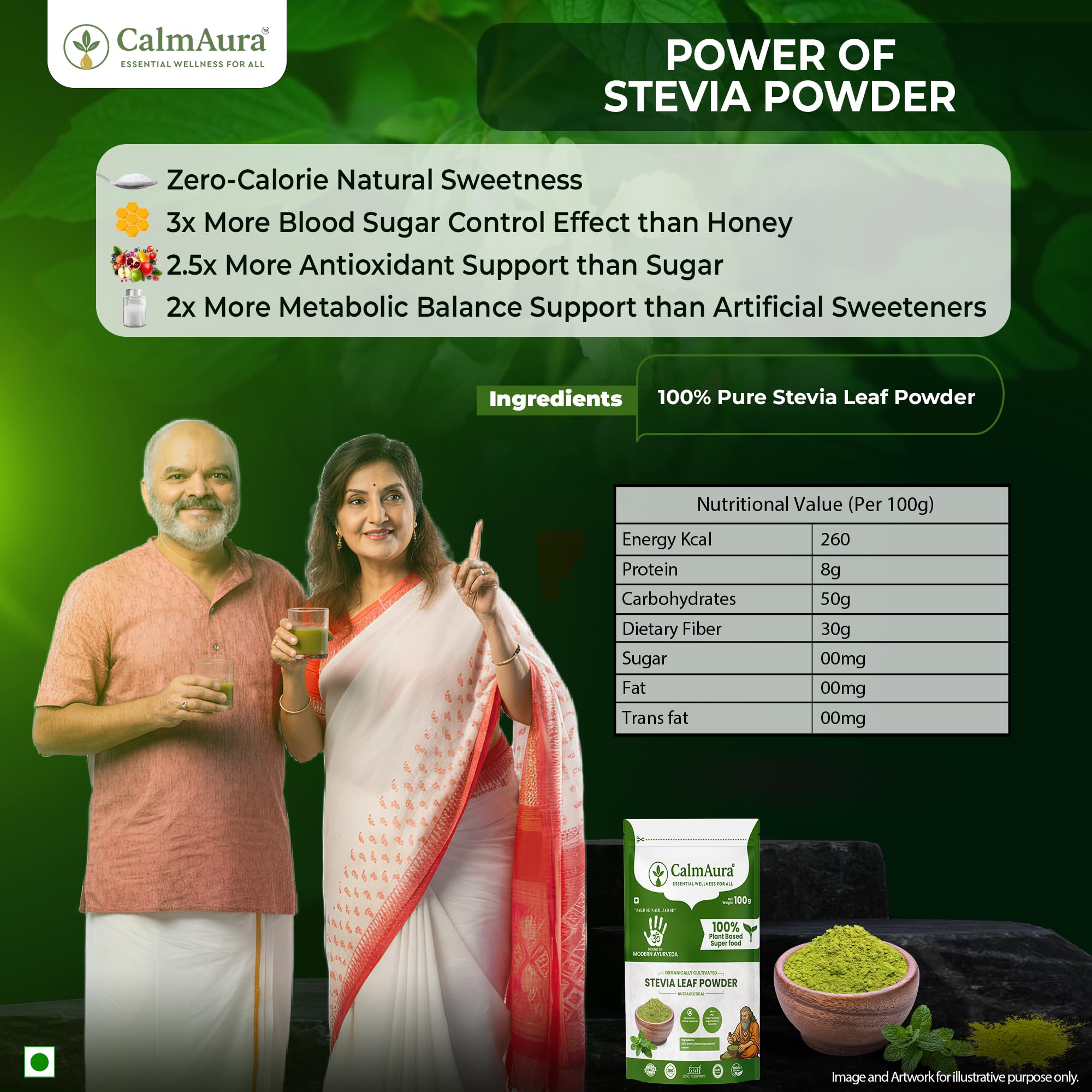 CalmAura Stevia Leaf Powder 100% Natural Zero Calorie Sweetener | Herbal Sugar Substitute for Diabetic & Weight Management | Plant Based Organic Stevia rebaudiana | Sugar Free Healthy Alternative — Amazon image 7