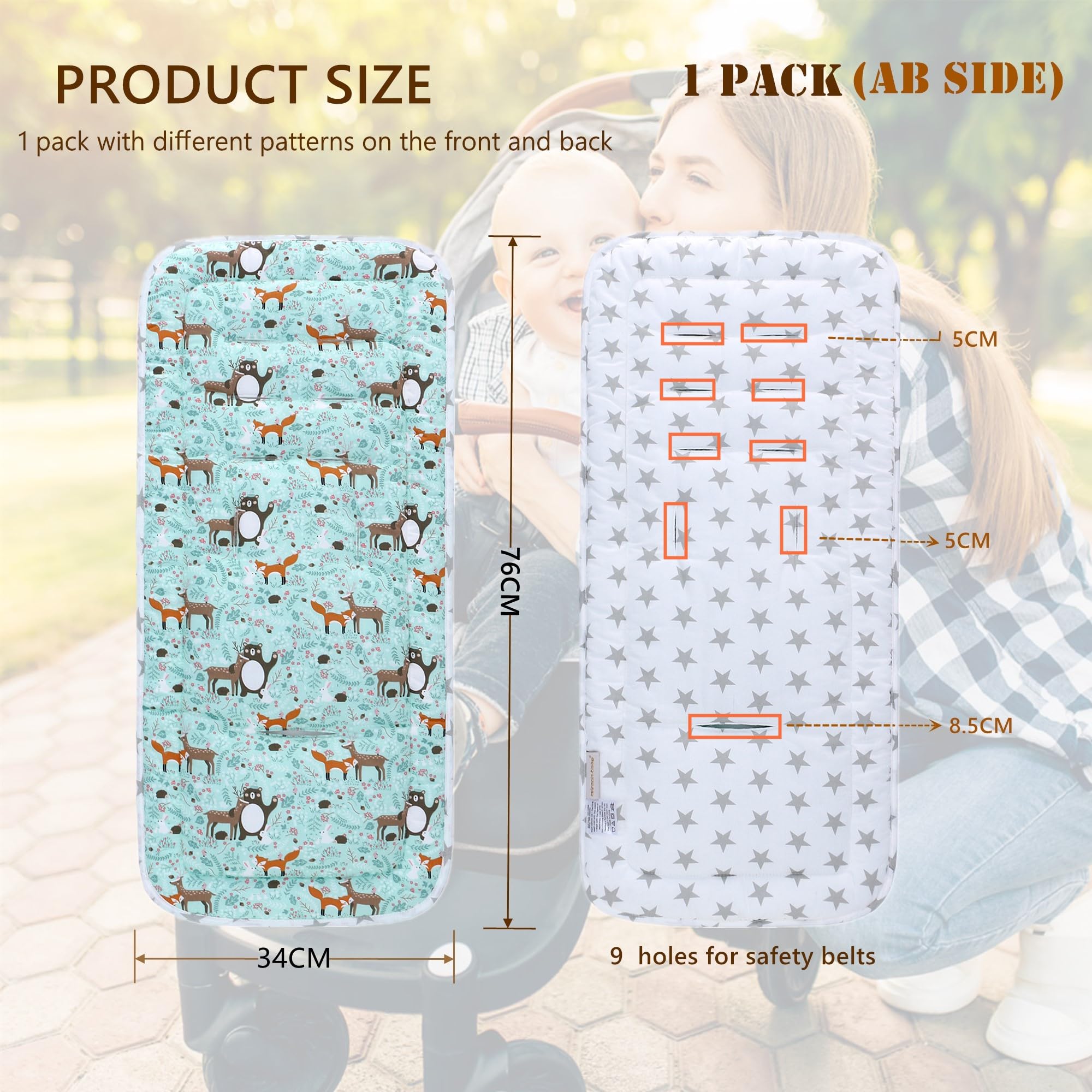 Baby Pushchair Seat Liners,Pram Liner Universal Fit for Most Pushchairs,100% Cotton Double-Sided Baby Stroller Cushion Pad,Stroller Seat Cover for Toddler Infant 1 Pack,78x34cm(Animal+Stars) - Image 2