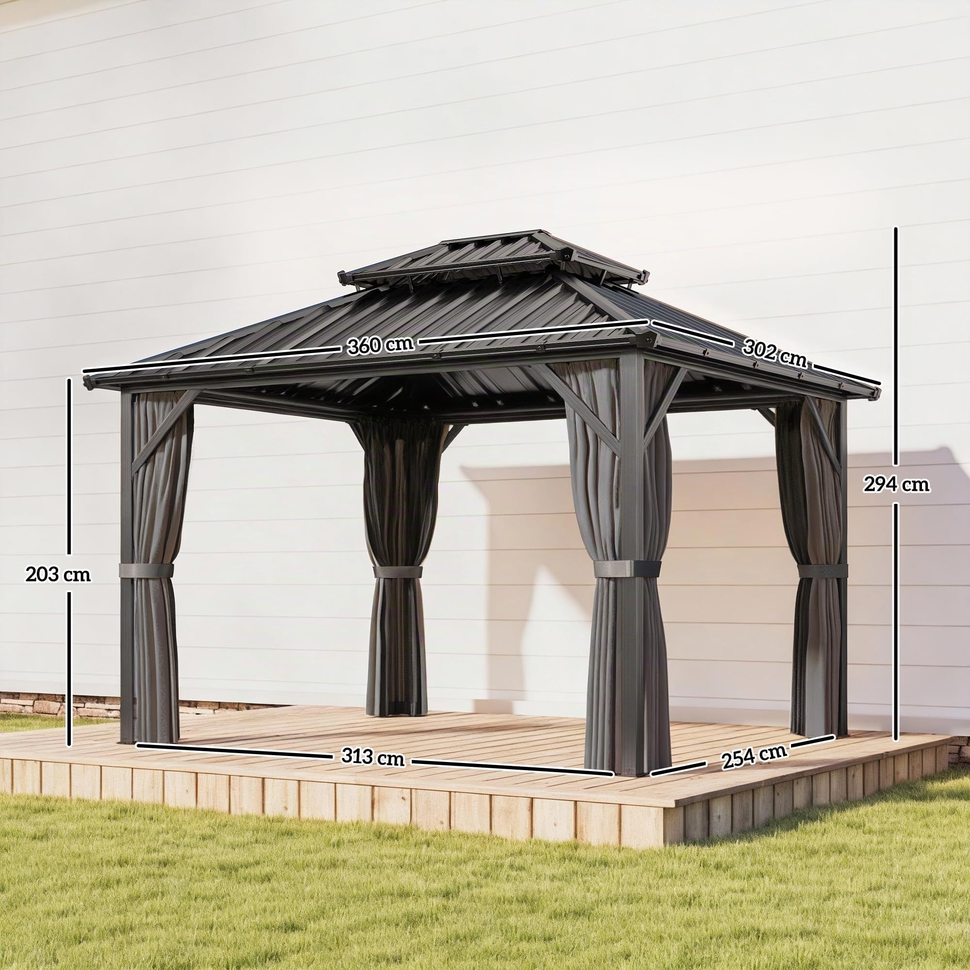 Outsunny Pavillon 3 x 3,6 m Toit Rigide Acier Galvanisé UPF50+ Gris Foncé