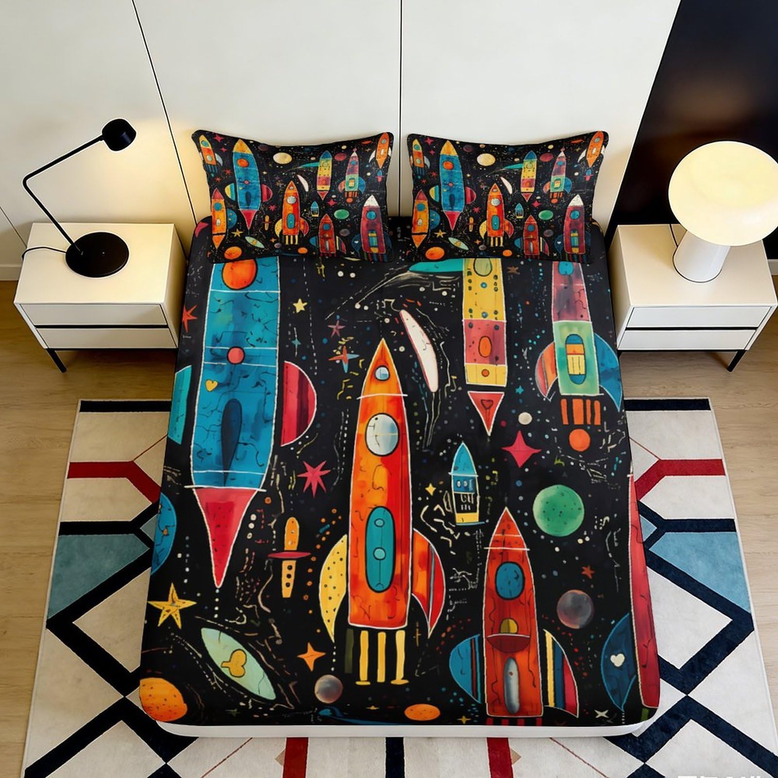 3D Printed Rocket Space Fitted Sheet Microfiber Soft Colorful Planet Mattress Cover for Bedroom Dorm Youth Bedding Decor 140x200x25cm