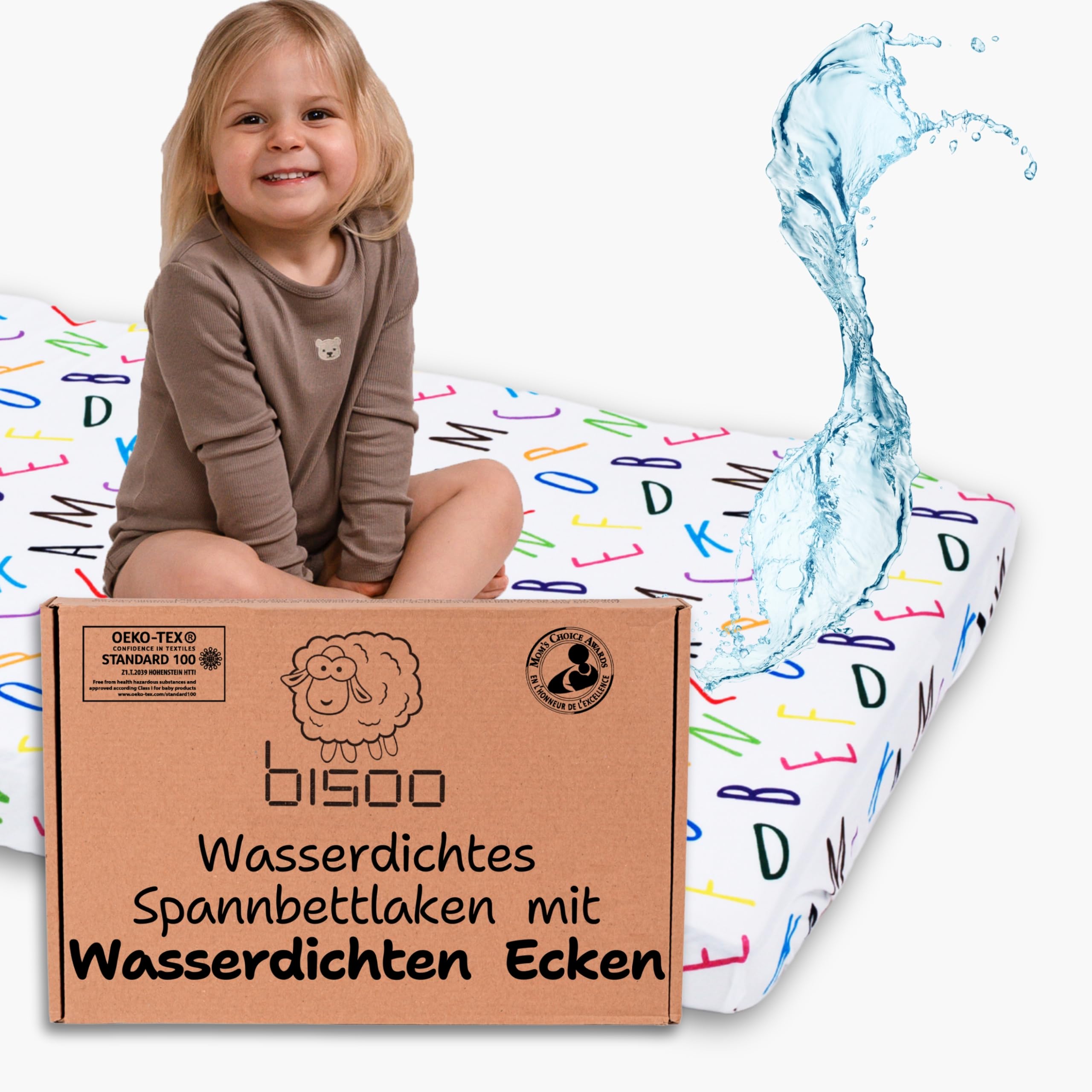 Bisoo Magic Sheet 35x75 - Komplett wasserdichtes Spannbetttuch mit Rundumgummizug 2in1: Jersey-Baumwolle Spannbettlaken & Matratzenauflage - Neugeborene Kinderwagen, Öko-Tex Buchstaben 75x35